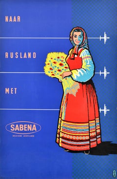 Original Vintage Travel Advertising Poster Russia Sabena Airlines Belgium USSR