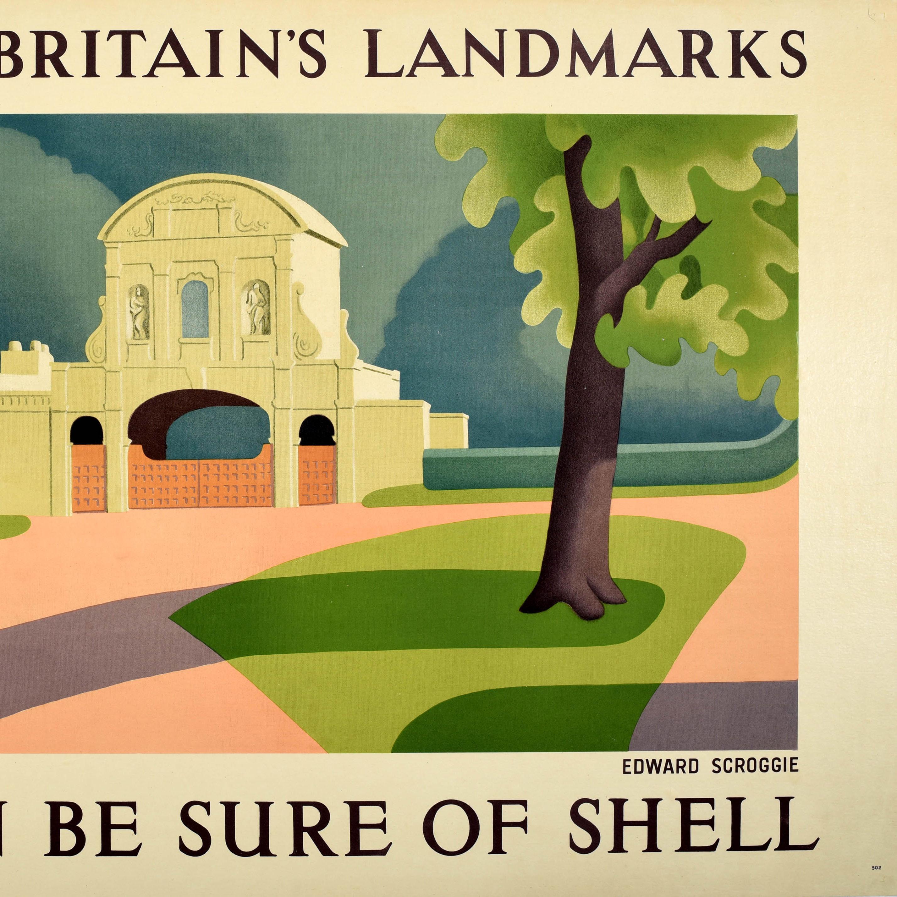 Original-Reisewerbeplakat von Shell - To Visit Britain's Landmarks You Can Be Sure Of Shell - mit einer Ansicht des historischen Temple Bar Tores des englischen Malers Edward Scroggie (1906-1944), umgeben von grünen Bäumen und Hecken, als es sich im