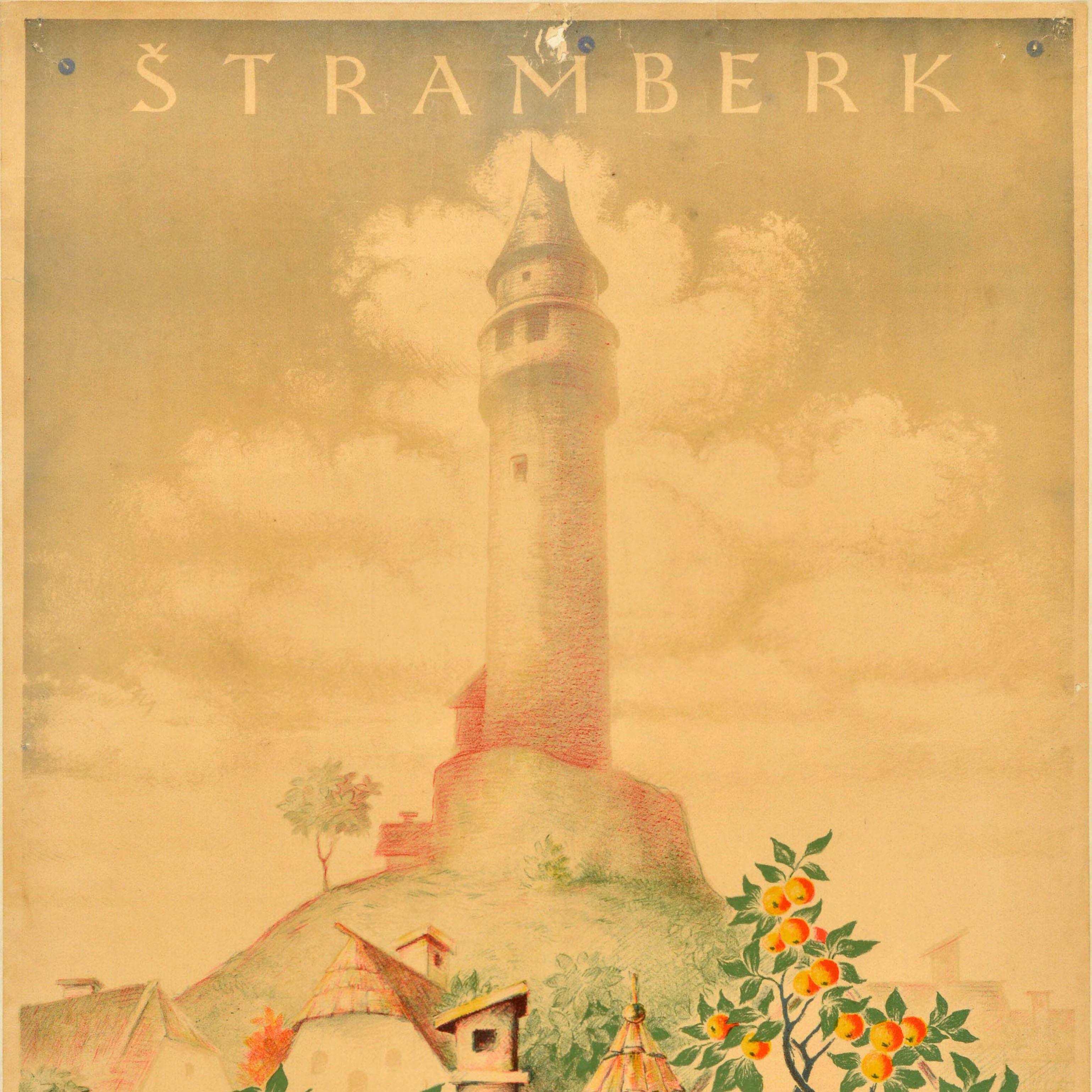 Original vintage train travel advertising poster for Stramberk Chemins de Fer de l'Etat Tchccoslovaque / Czechoslovak State Railways featuring a scenic illustration of a quaint village house with flowers on the window sills, sunflowers in the garden