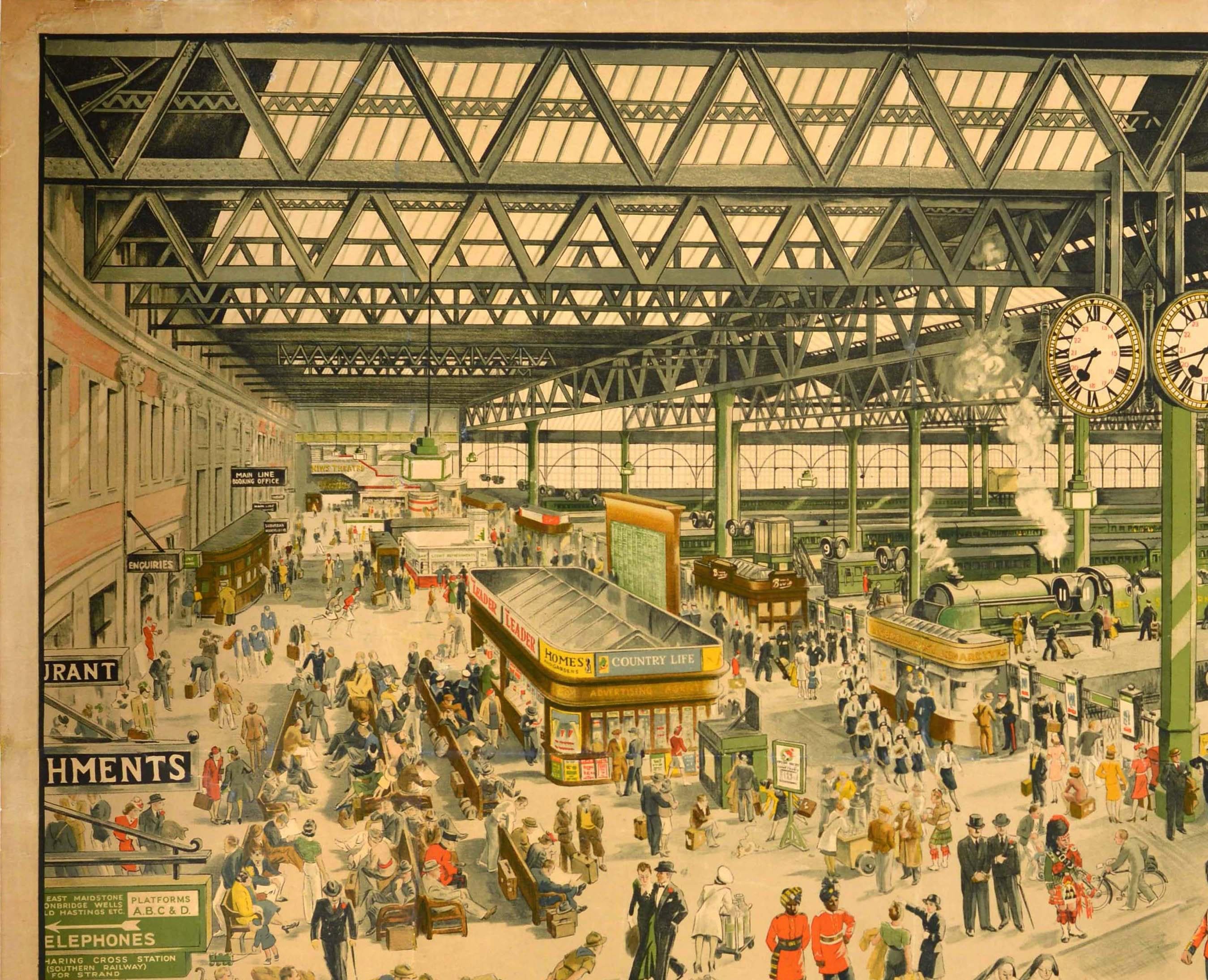 Original vintage train travel advertising poster issued by Southern Railway - Waterloo Station 1848-1948 A Centenary of Uninterrupted Service During Peace and War - featuring a detailed illustration of the busy Central London station depicting