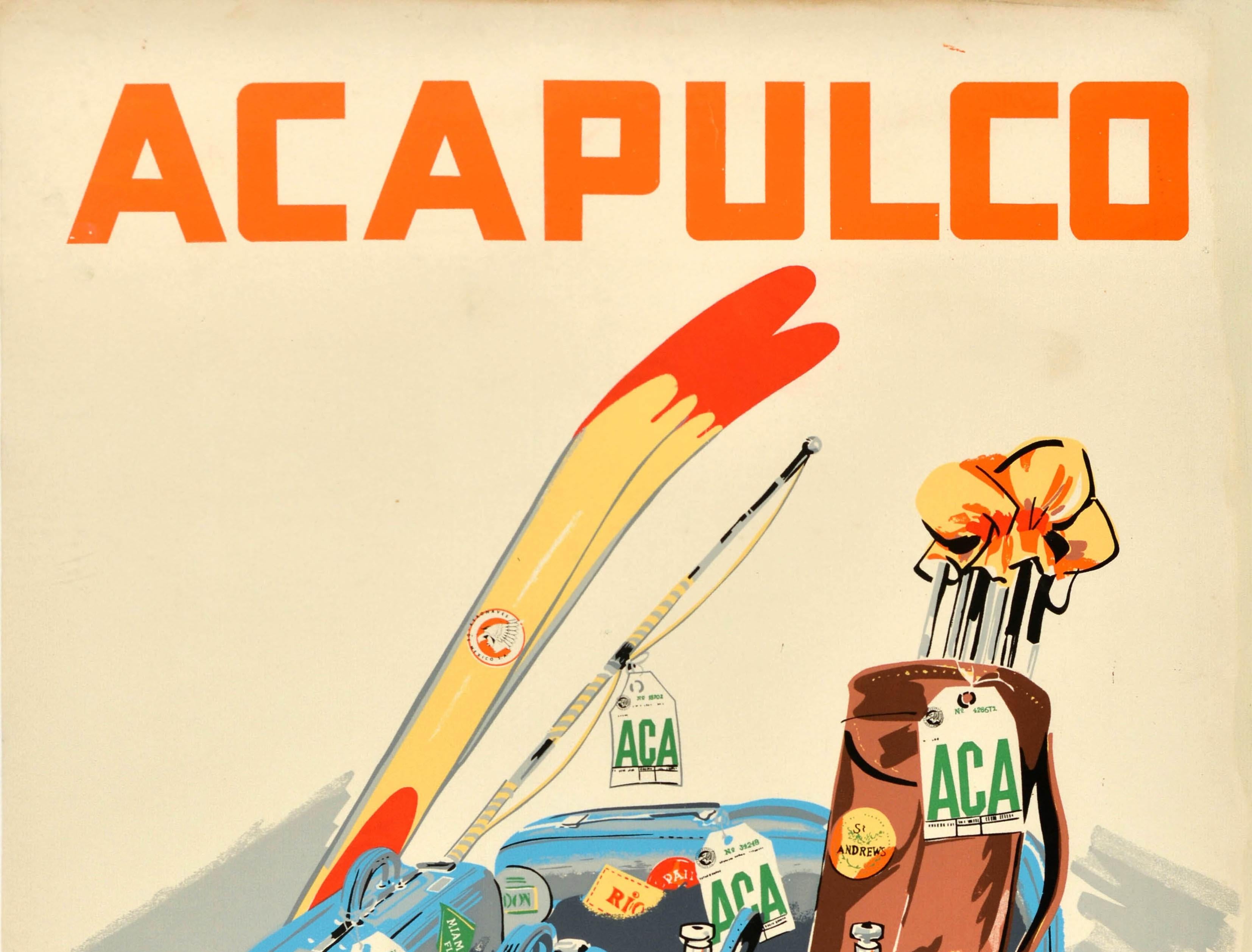 Original Vintage Travel Poster Acapulco Aeronaves De Mexico Diving Golf Waterski - Print by Unknown