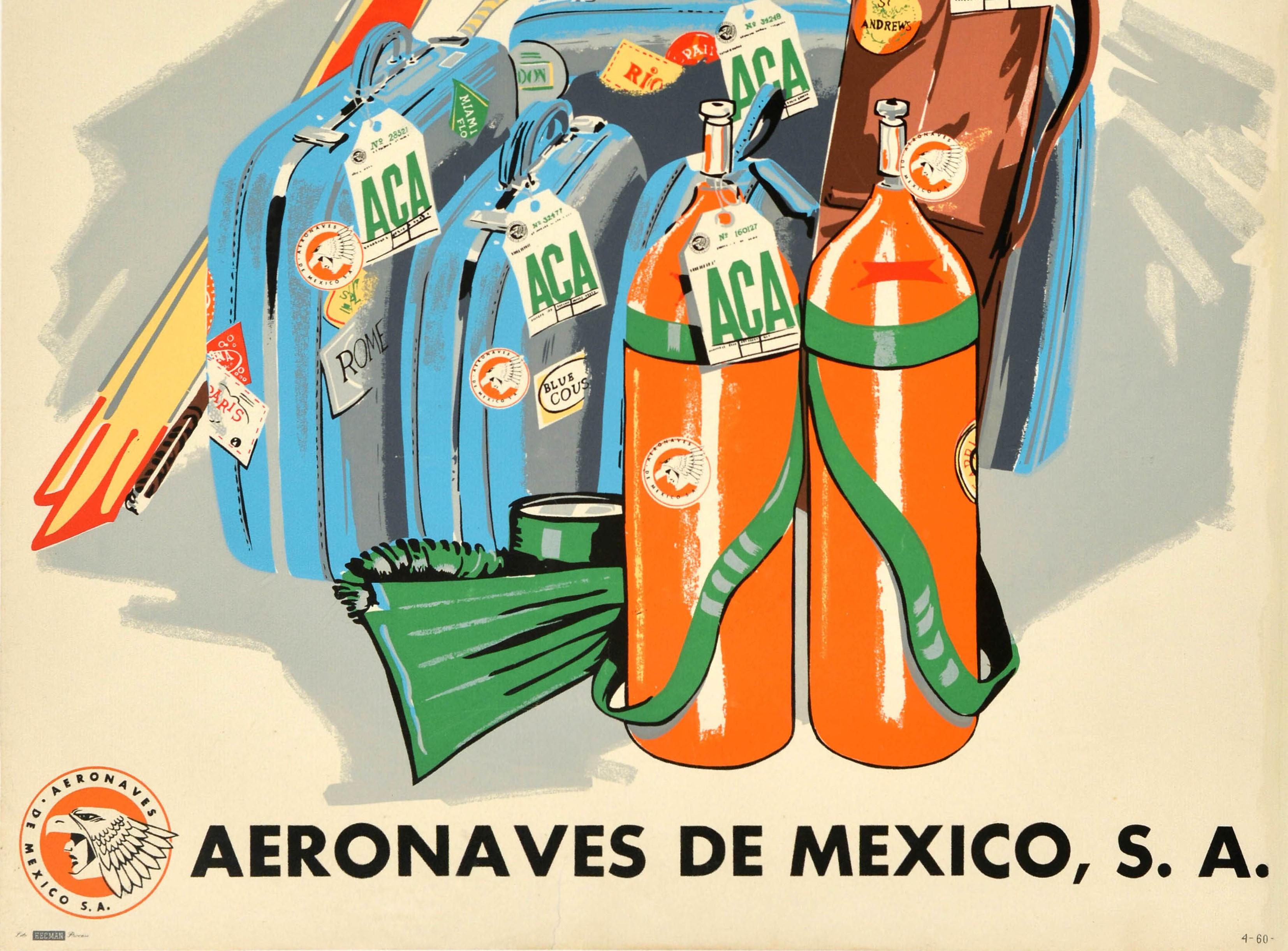 Original Vintage Travel Poster Acapulco Aeronaves De Mexico Diving Golf Waterski - Orange Print by Unknown