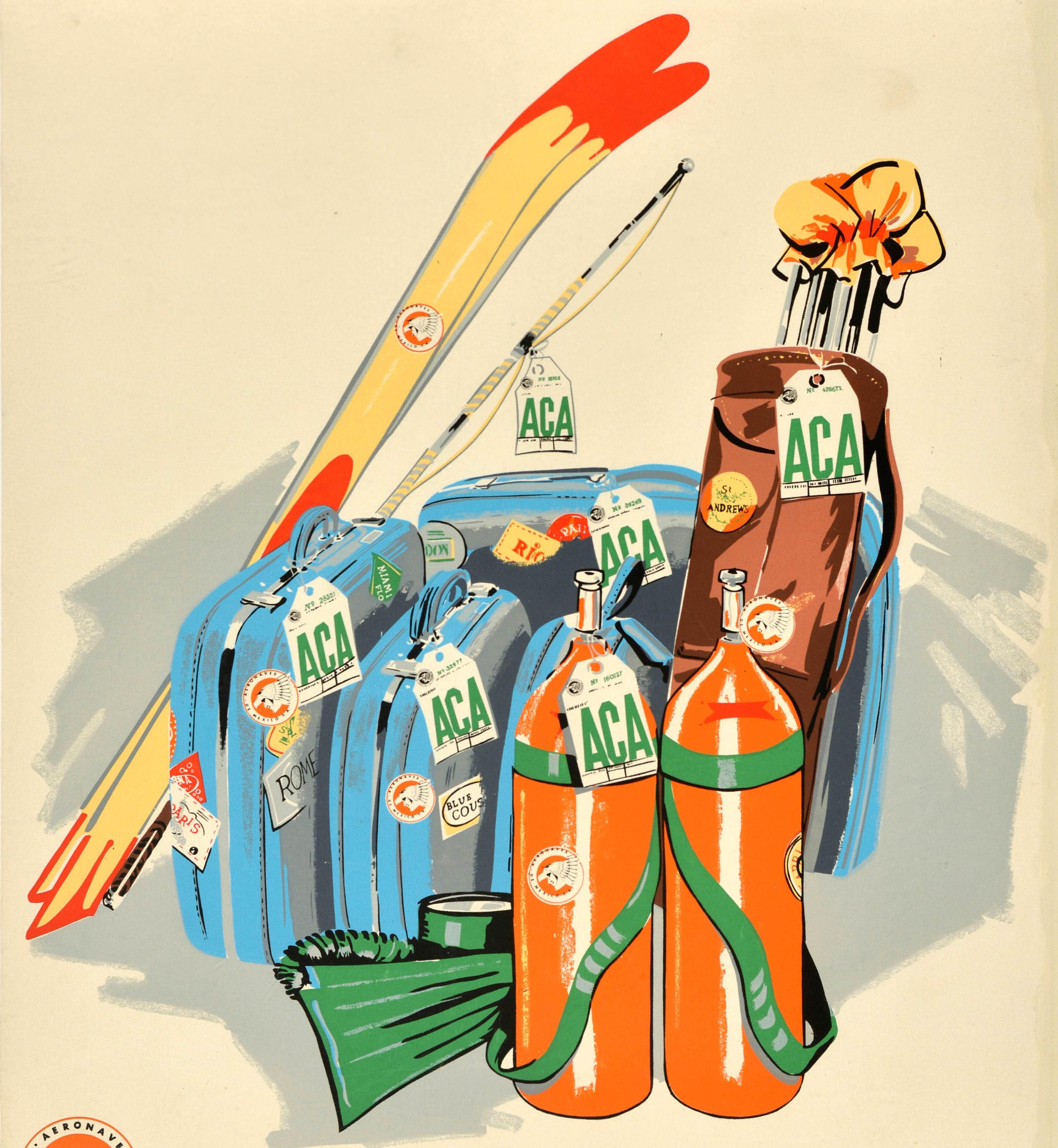 Original vintage air travel poster for Acapulco issued by Aeronaves De Mexico (Aeromexico; founded 1934) featuring a great image depicting scuba diving tanks and water sport equipment including a mask and fins with suitcases and bags, a golf set and