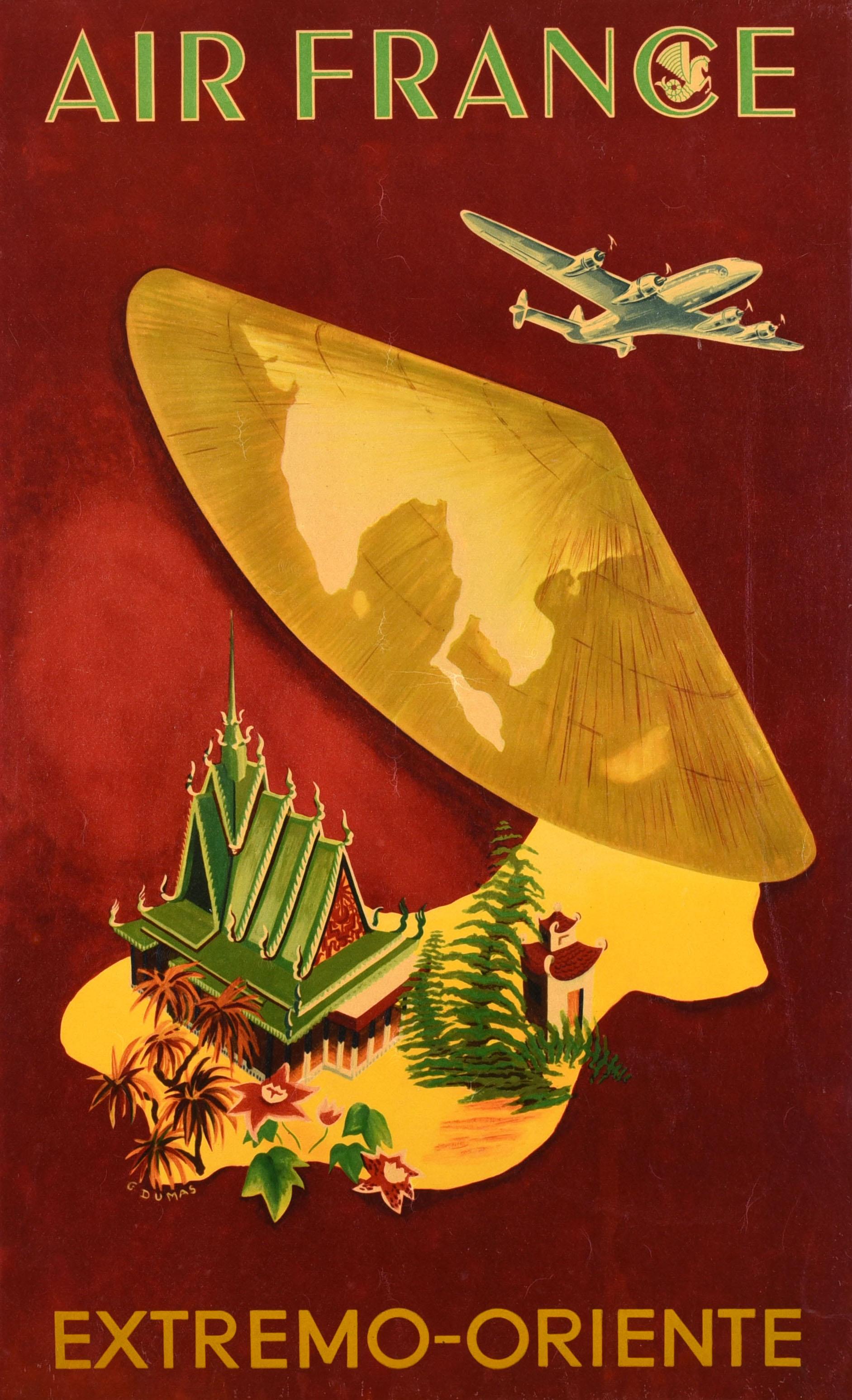 Poster di viaggio originale d'epoca Air France Compagnia aerea Estremo Oriente Asia - Print di Unknown