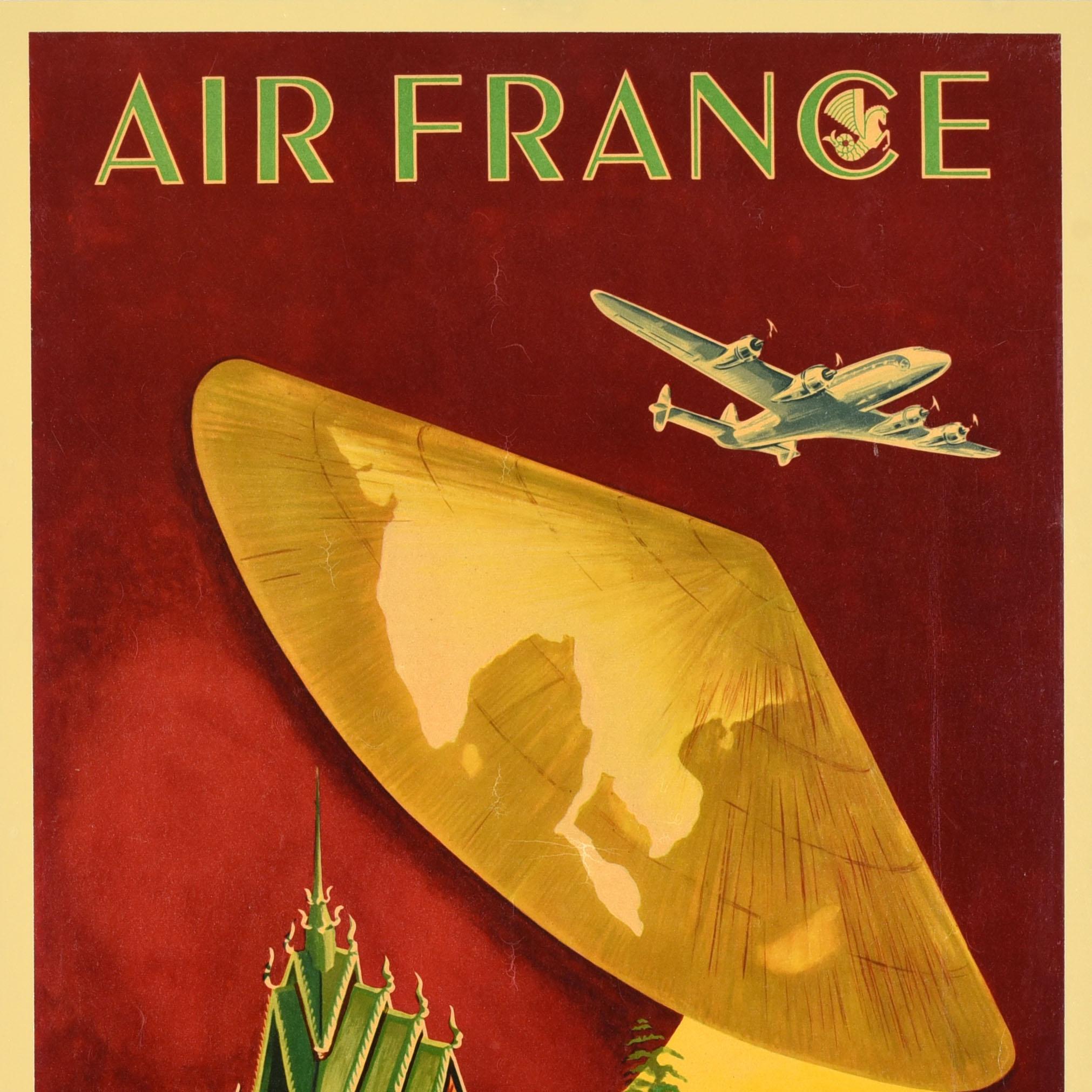 Poster di viaggio originale d'epoca Air France Compagnia aerea Estremo Oriente Asia - Print Marrone di Unknown
