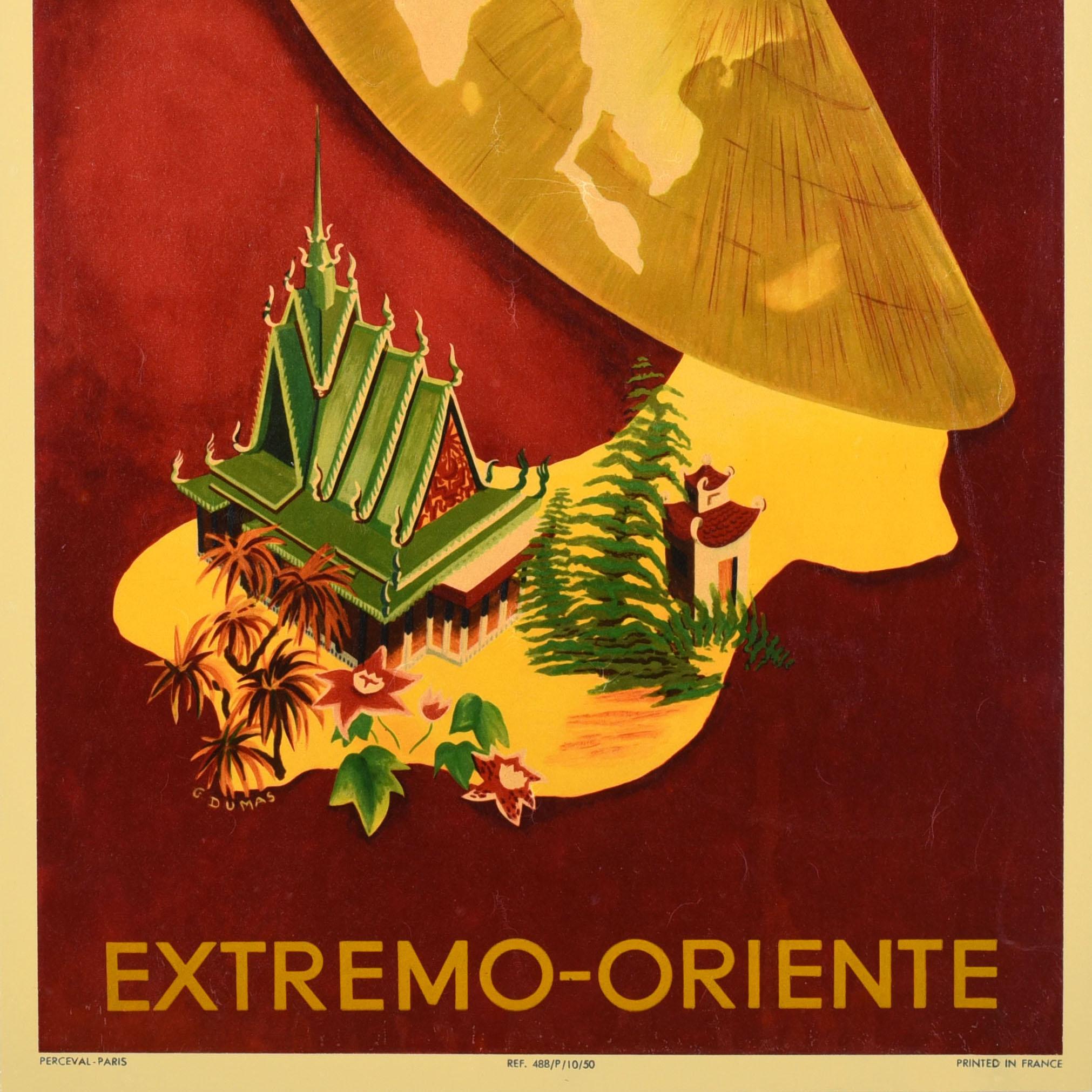 Poster pubblicitario di viaggio originale d'epoca in spagnolo pubblicato da Air France per promuovere i suoi voli verso l'Estremo Oriente / Extremo Oriente, compresi Cina e Giappone, con un'immagine stilizzata di un edificio tradizionale orientale