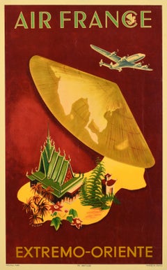 Original Retro Travel Poster Air France Airline Extremo Oriente Far East Asia
