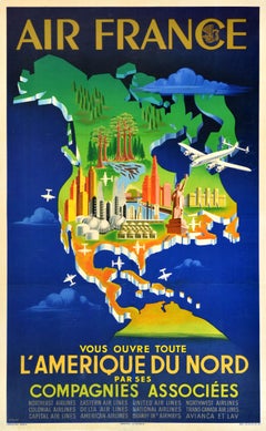 Affiche de voyage originale d'Air France, Amérique du Nord, avec carte picturale