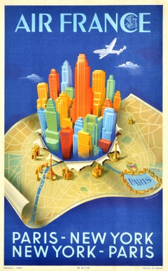 Original Vintage Travel Poster Air France Paris New York Alphonse Dehedin Design