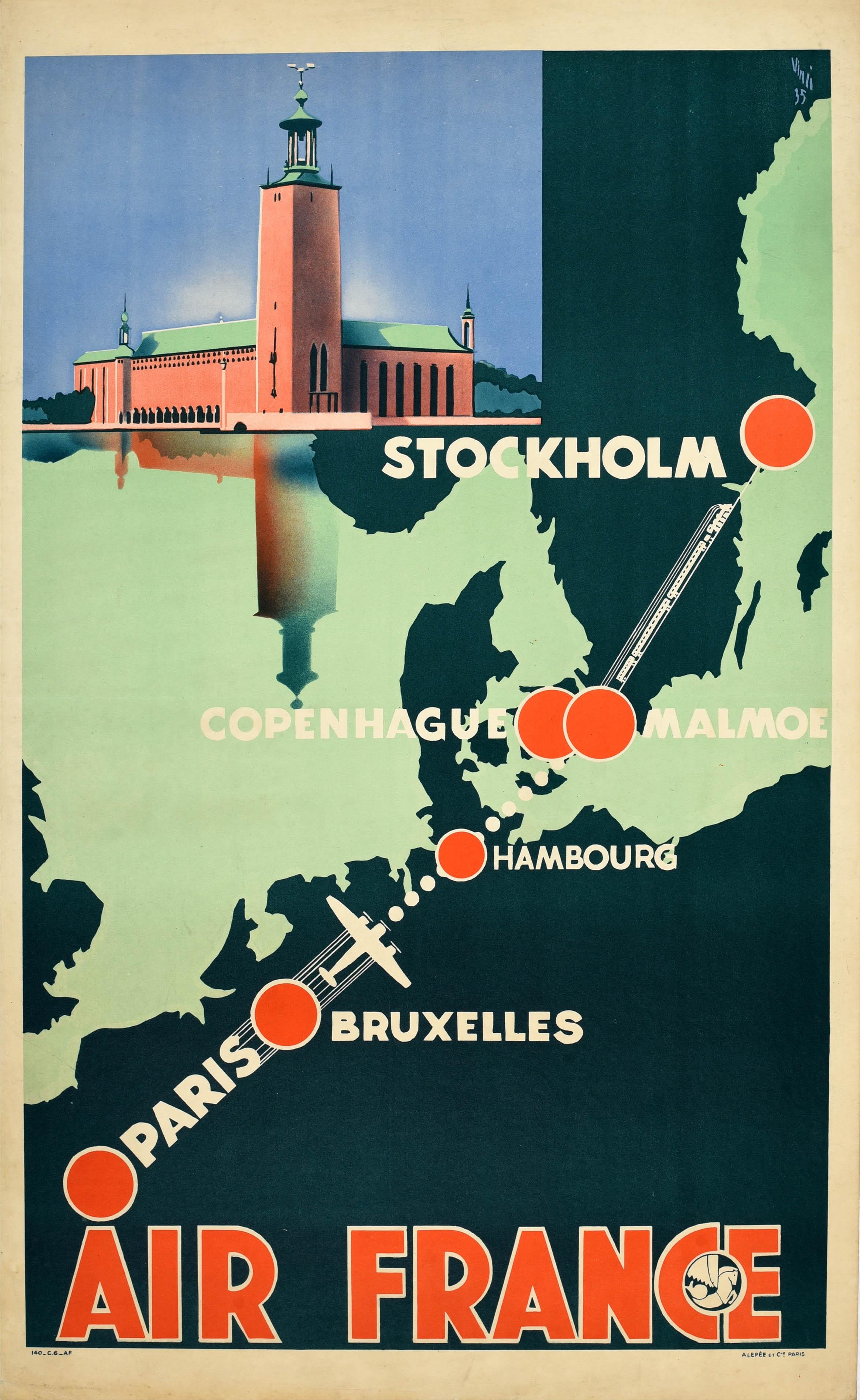 Unknown Print - Original Vintage Travel Poster Air France Stockholm Paris Art Deco Scandinavia