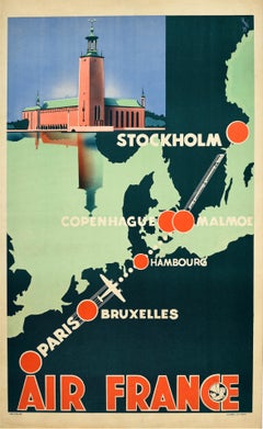 Original Vintage Travel Poster Air France Stockholm Paris Art Deco Scandinavia