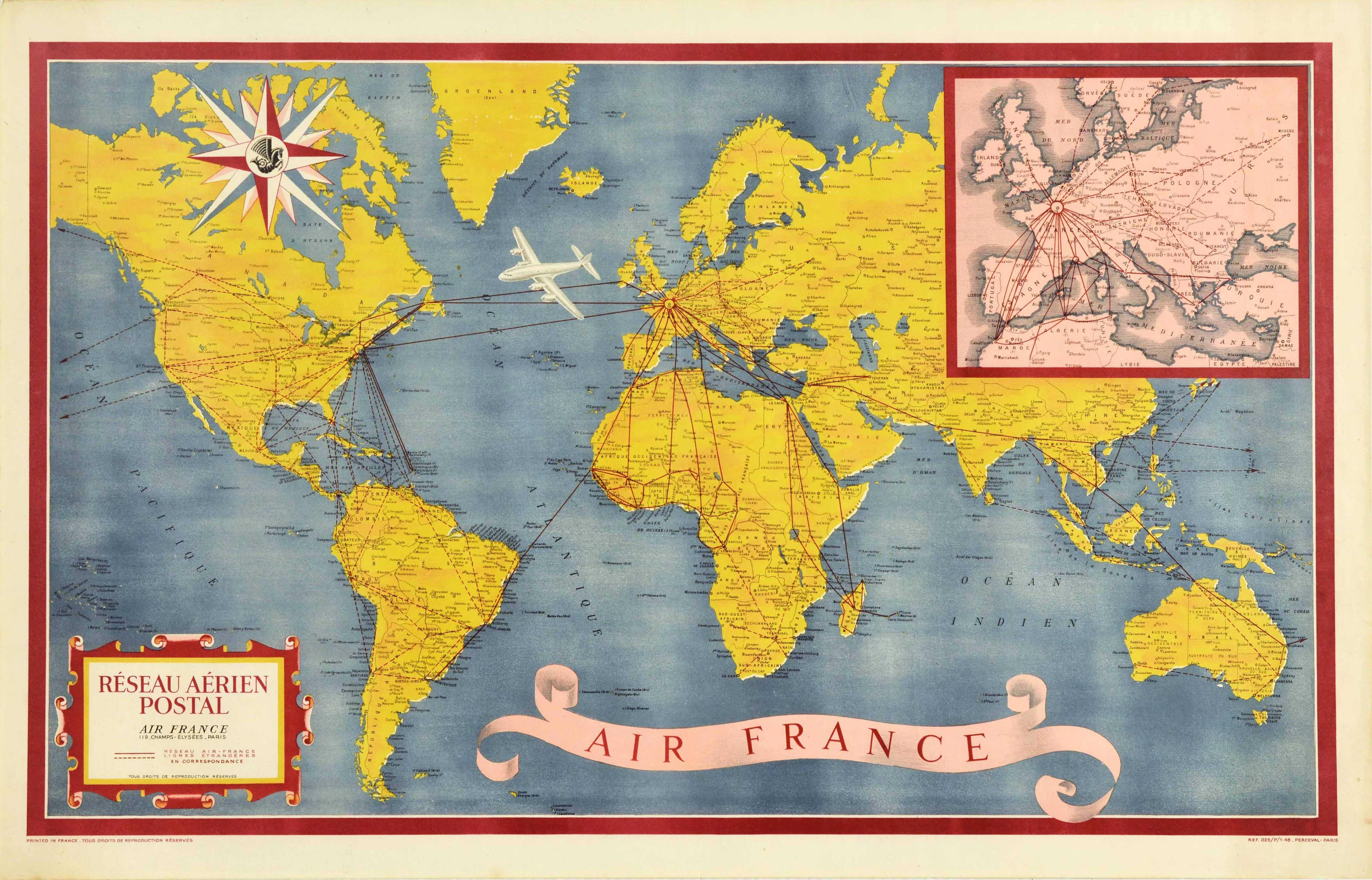 Unknown Print - Original Vintage Travel Poster Air France World Map Postal Network Reseau Aerian