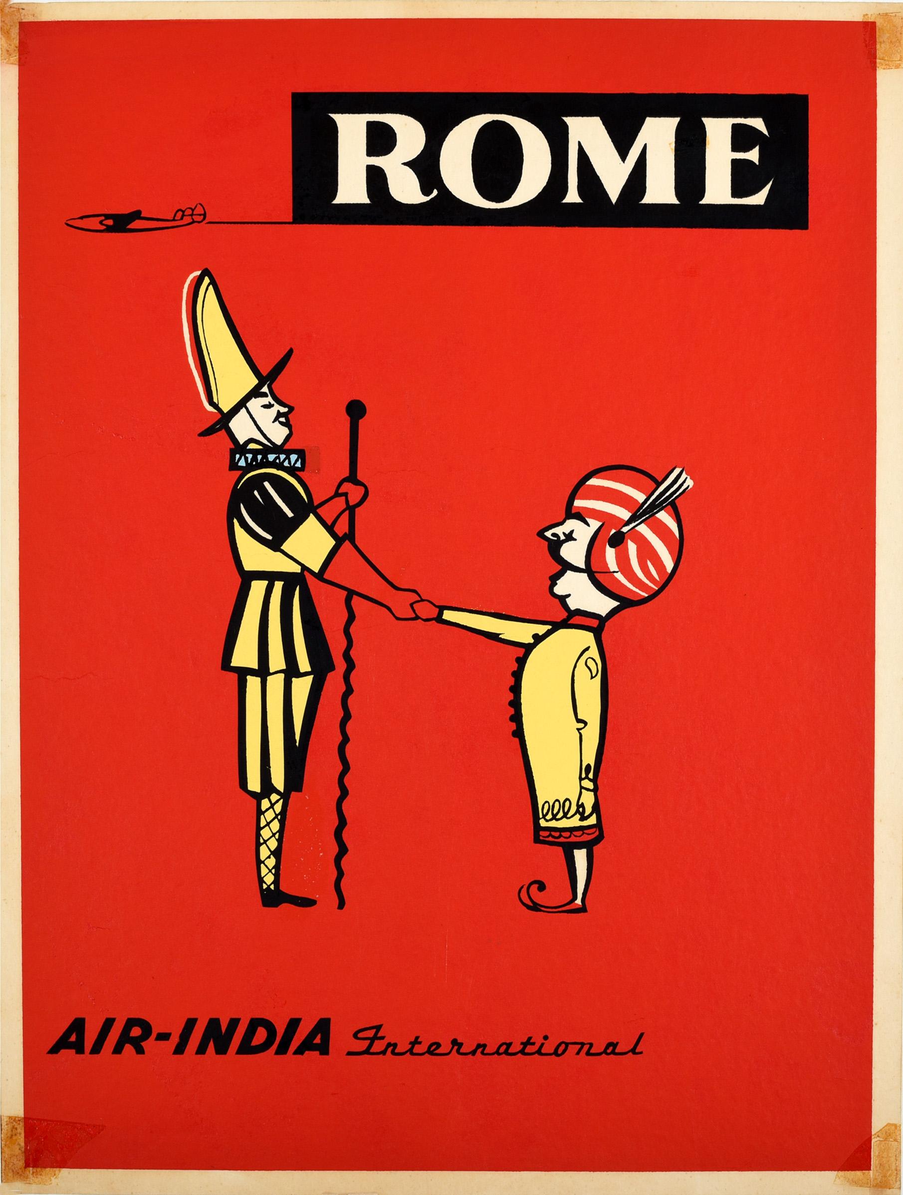 Unknown Print - Original Vintage Travel Poster Air India Rome Italy Guard Maharaja Mascot Design