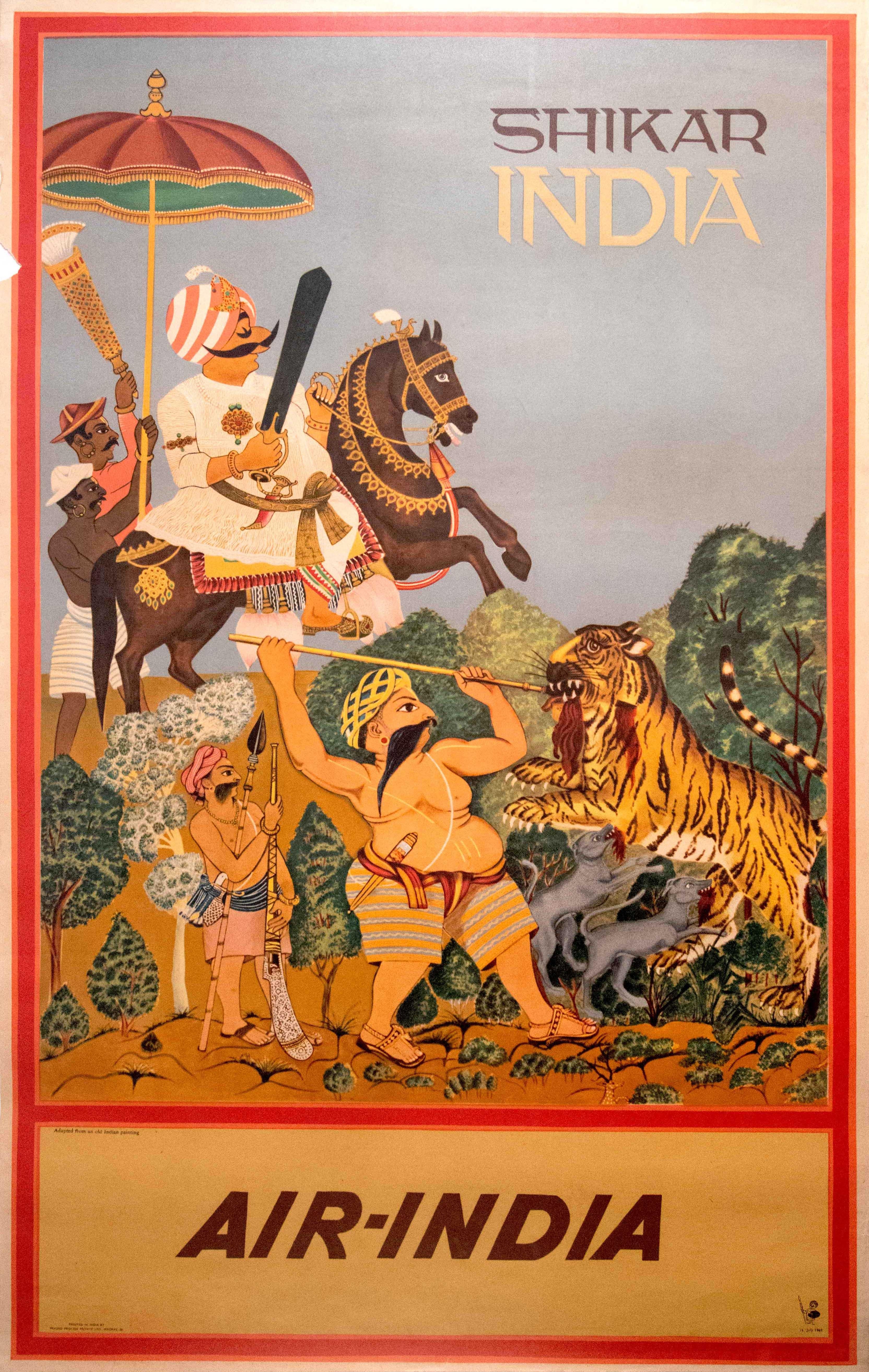 Unknown Print - Original Vintage Travel Poster Air India Shikar Hunting Maharaja Horse Design 