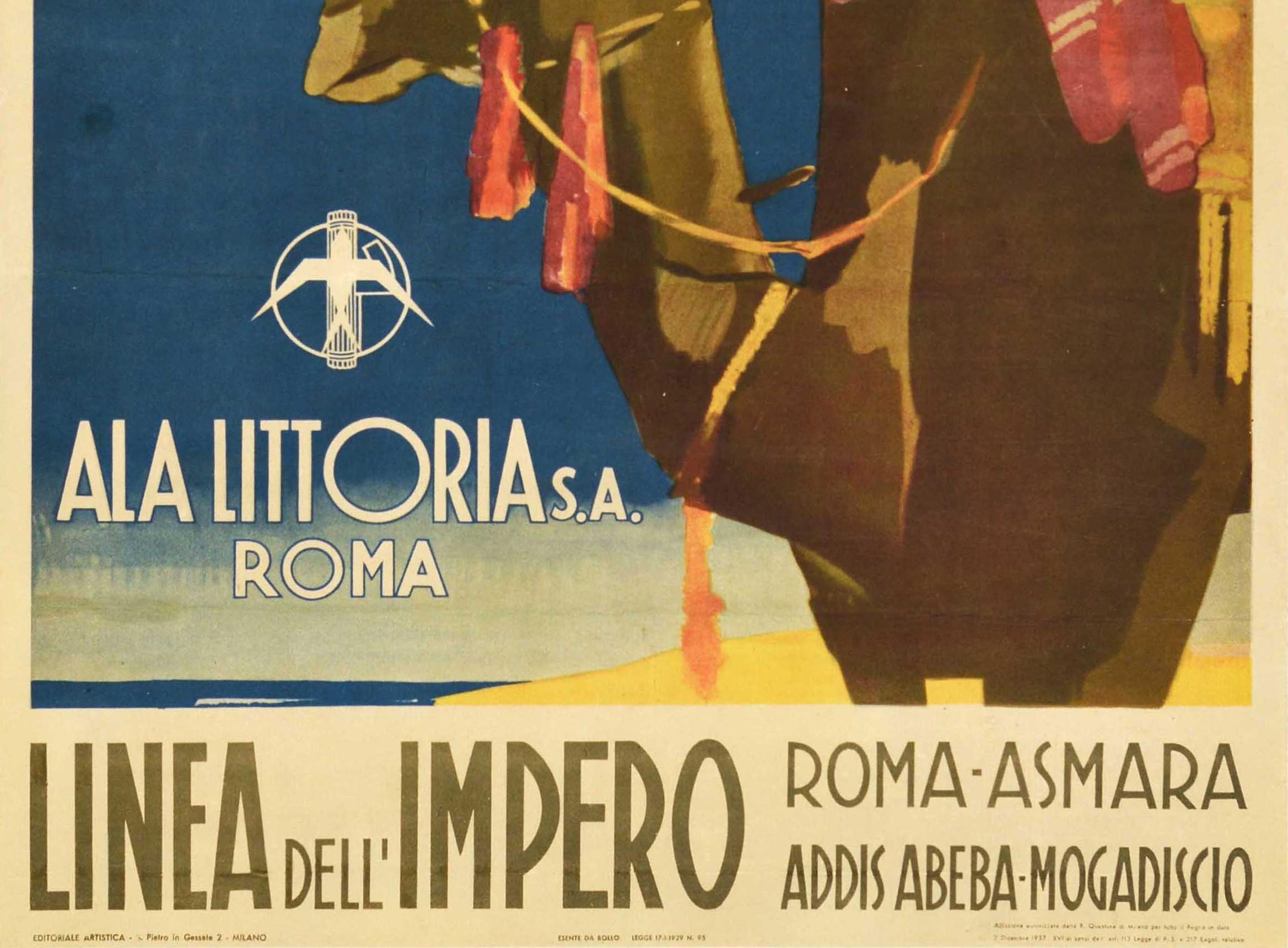 Original Vintage Travel Poster Ala Littoria Rome Asmara Addis Ababa Mogadishu - Art Deco Print by Unknown