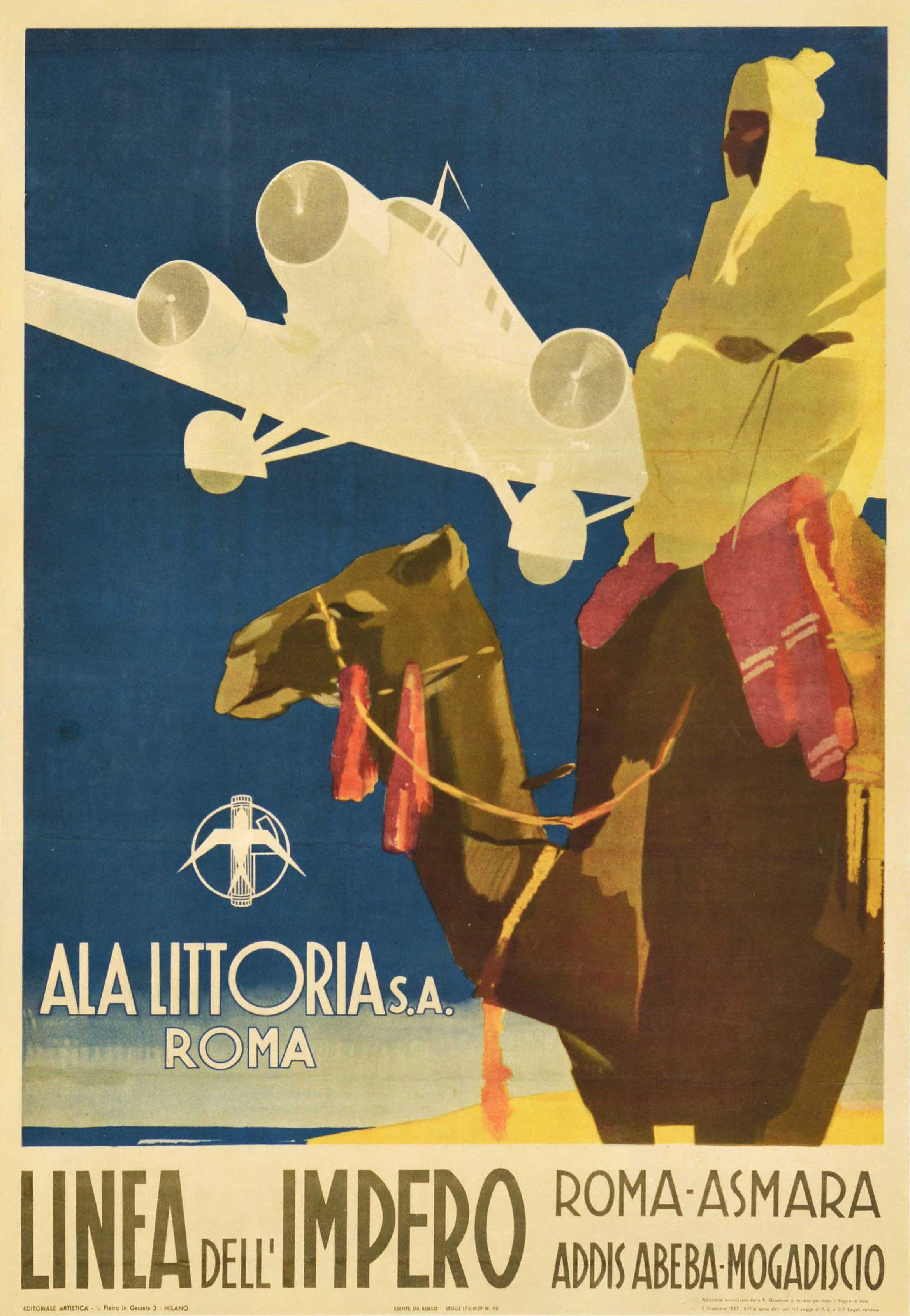 Unknown Print - Original Vintage Travel Poster Ala Littoria Rome Asmara Addis Ababa Mogadishu