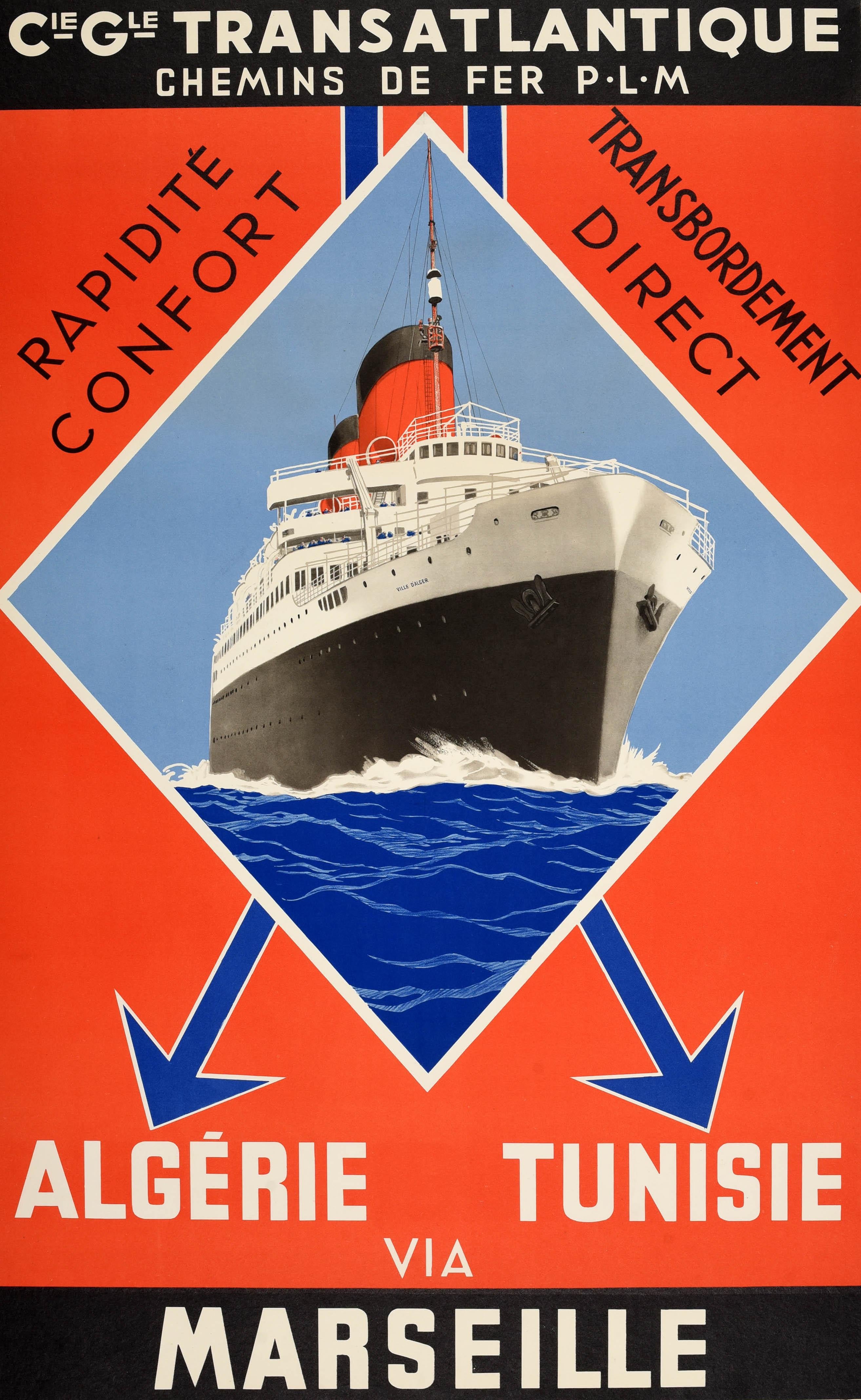 Original Vintage Travel Poster Algeria Tunisia Cie Gle Transatlantique PLM Art - Print by Unknown