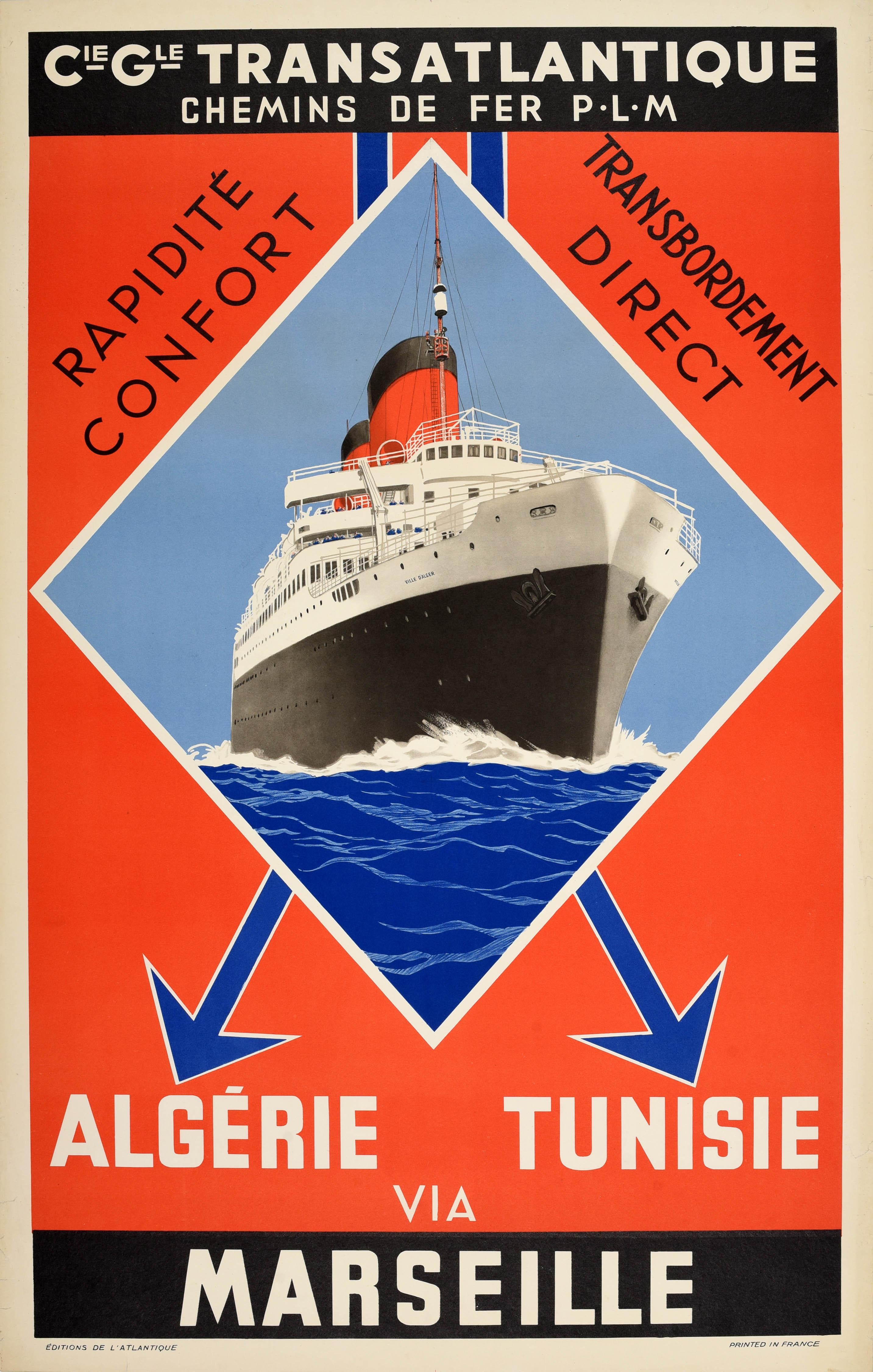 Unknown Print - Original Vintage Travel Poster Algeria Tunisia Cie Gle Transatlantique PLM Art
