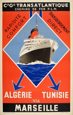 Affiche de voyage vintage d'origine en Algérie, Tunisie, Cie Gle Transatlantique PLM