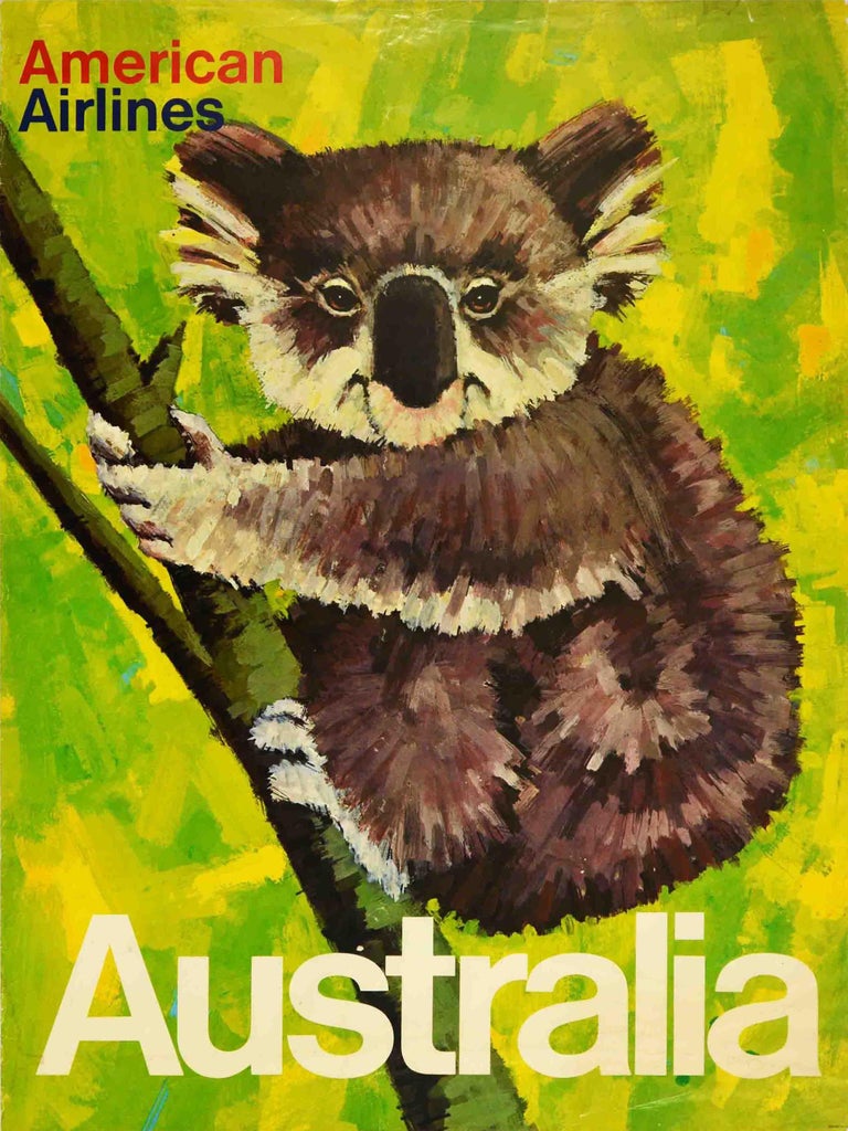 Unknown - Original Vintage Travel Poster American Airlines Australia Koala Bear  Design Art For Sale at 1stDibs