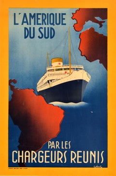 Affiche rétro originale de voyage Amerique du Sud par les Chargeurs Reunis Cruise
