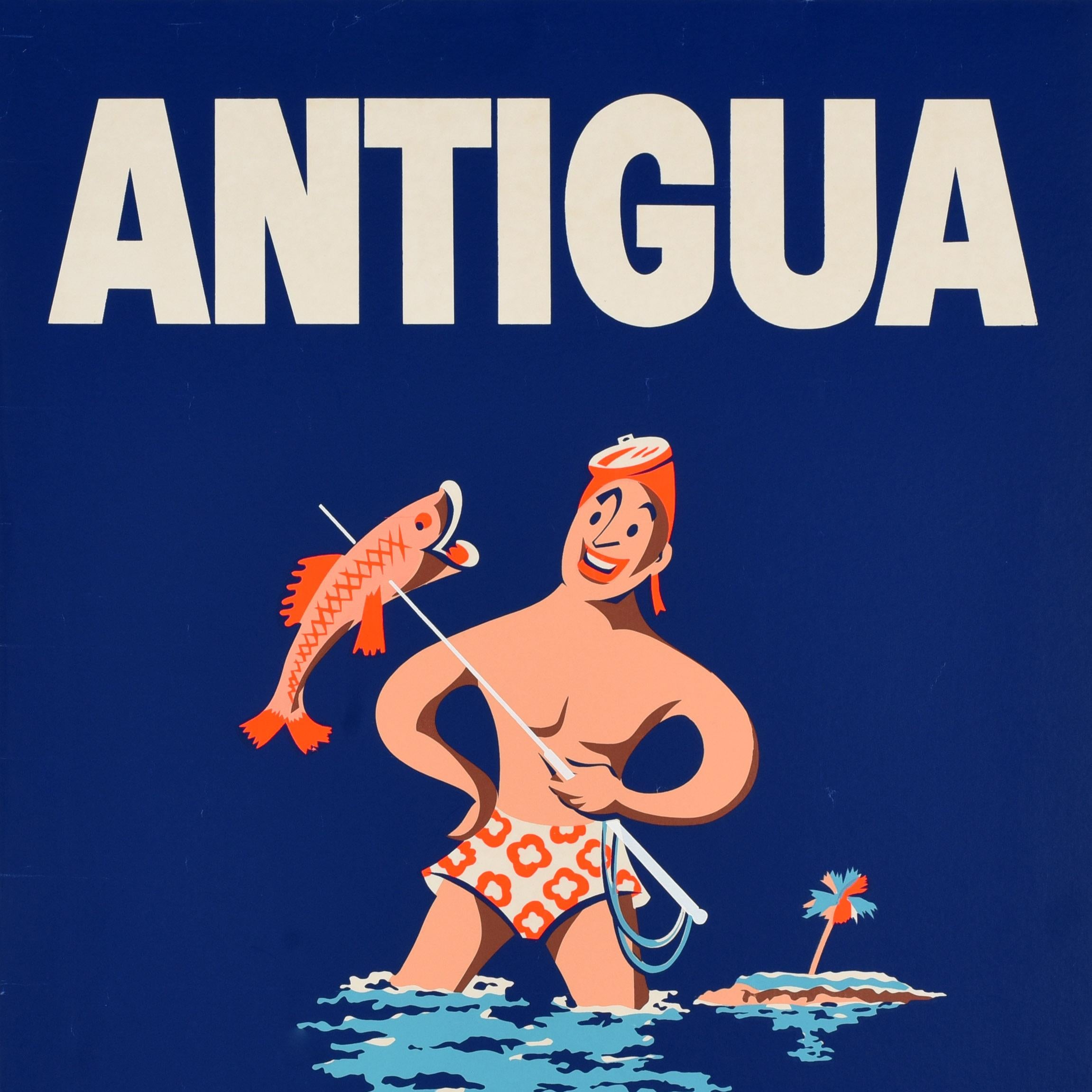 Original vintage travel poster - Antigua Sunjet your way on ... BWIA - featuring a fishing design depicting a smiling man wearing floral patterned swimming trunks and a mask on his head, holding a spear with a fish on it in front of a palm tree on