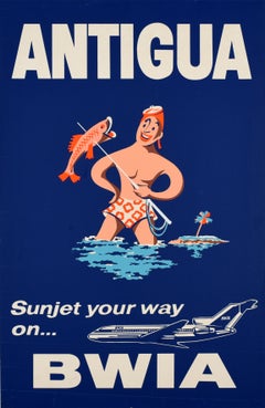 Original-Vintage-Reiseplakat Antigua BWIA Airline Sunjet Fischen, Midcentury