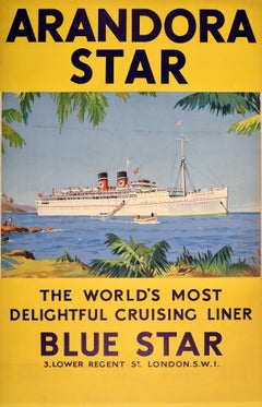 Affiche de voyage vintage d'origine Arandora Star Luxury Cruise Ship Blue Star Line