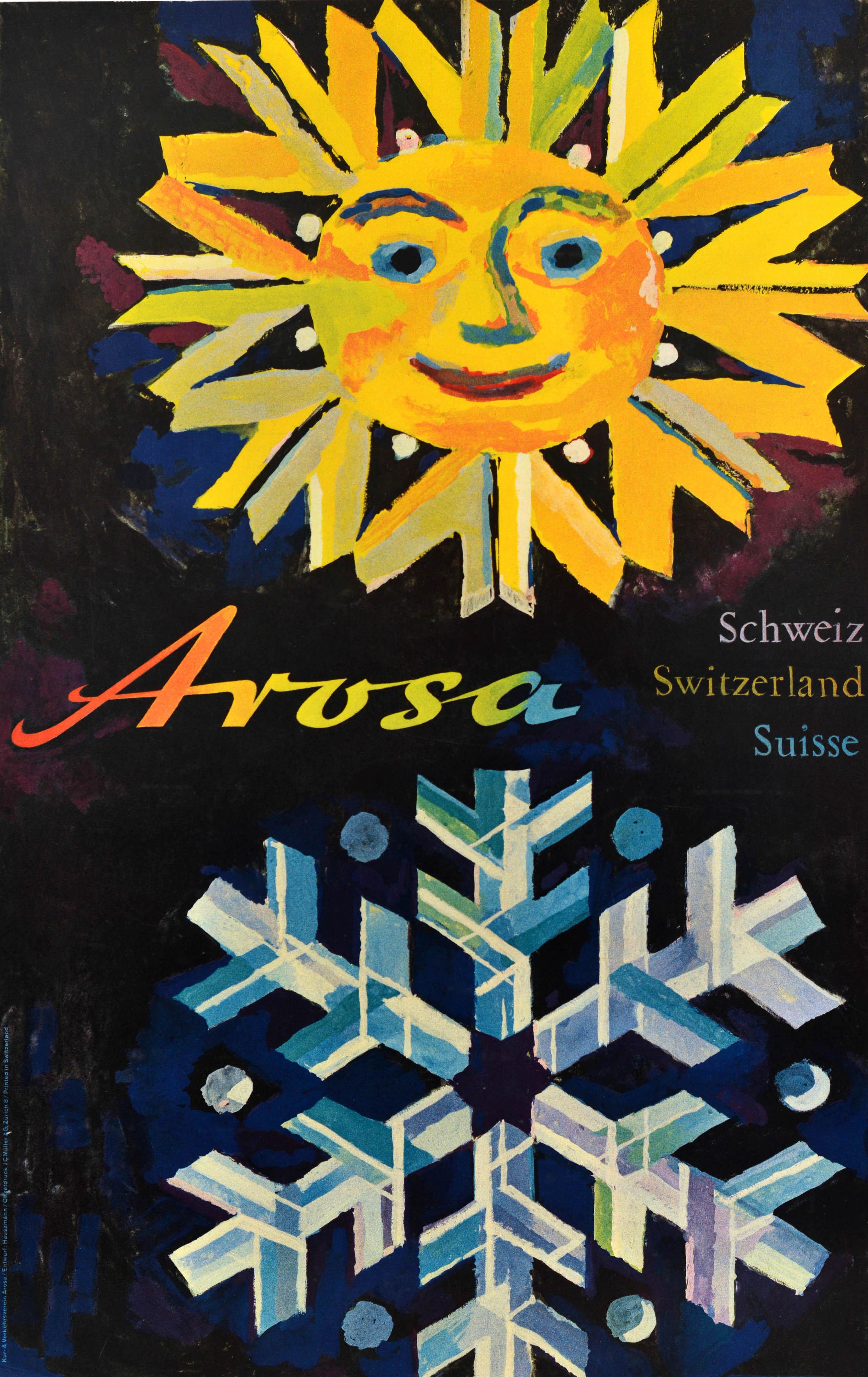 Print Unknown - Affiche de voyage vintage originale d'Arosa, Suisse Hausamann, station balnéaire avec flocons de neige