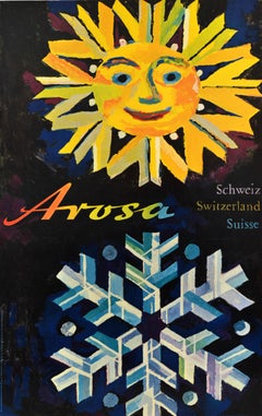 Original Vintage Travel Poster Arosa Switzerland Hausamann Sun Snowflake Resort
