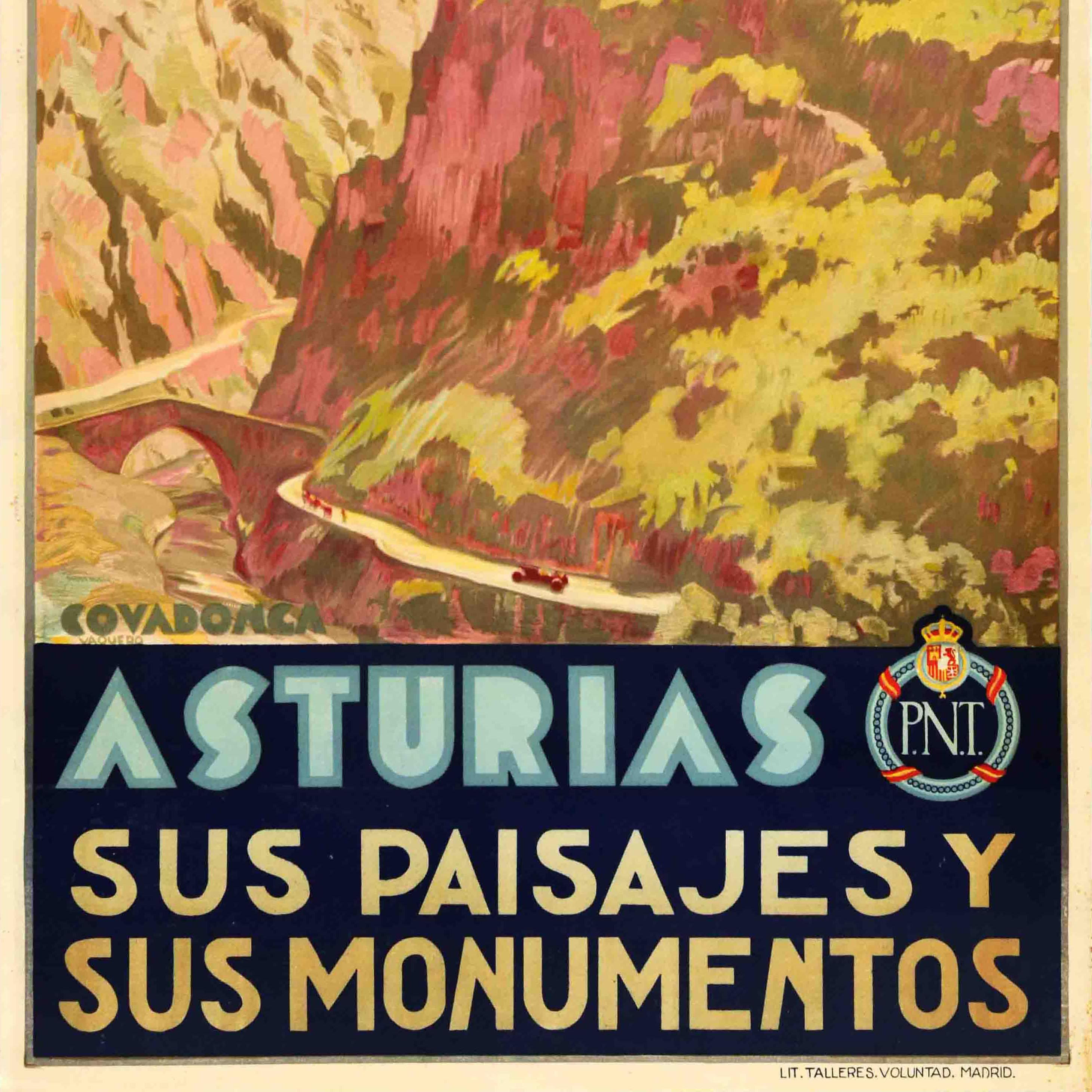Poster di viaggio originale d'epoca emesso dall'ente nazionale spagnolo per il turismo Patronato Nacional del Turismo PNT per l'antica zona montuosa nel nord-ovest della Spagna - Le Asturie i suoi paesaggi e i suoi monumenti / Asturias sus paisajes