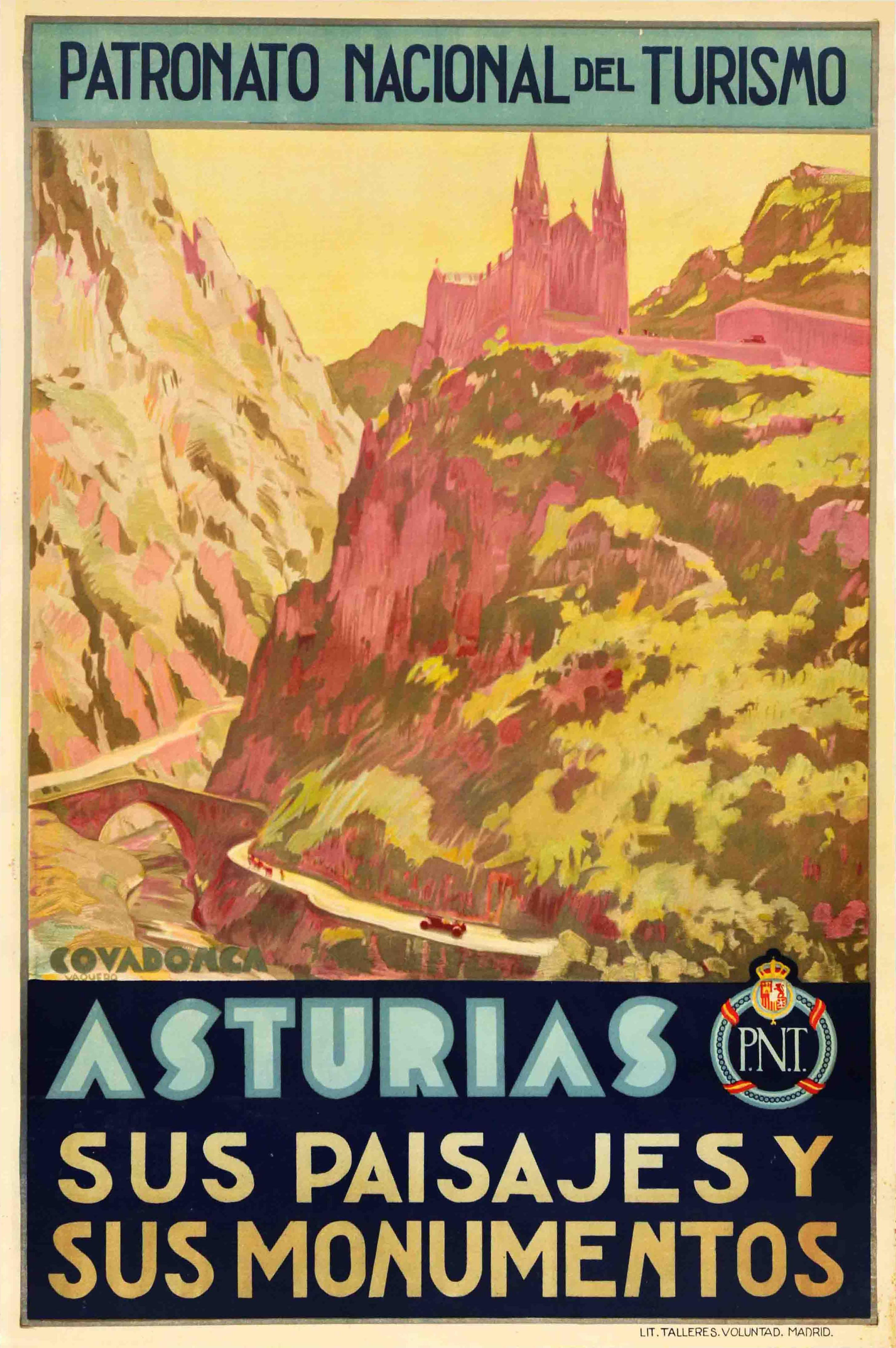 Print di Unknown - Poster di viaggio originale d'epoca Asturie Covadonga PNT Basilica Santa Maria Spagna
