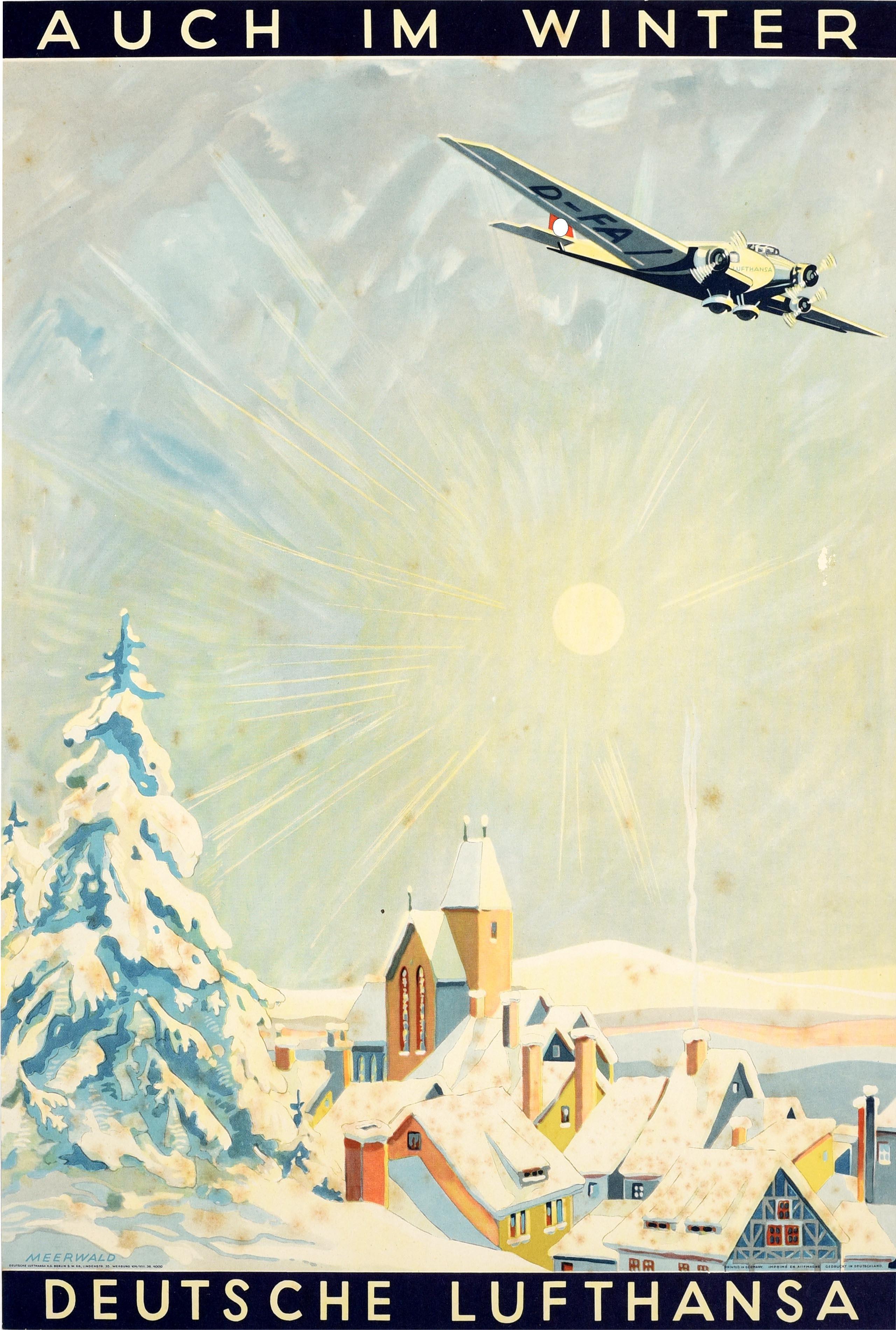 Unknown - Original Vintage Travel Poster Auch Im Winter Deutsche Lufthansa  Also In Winter For Sale at 1stDibs