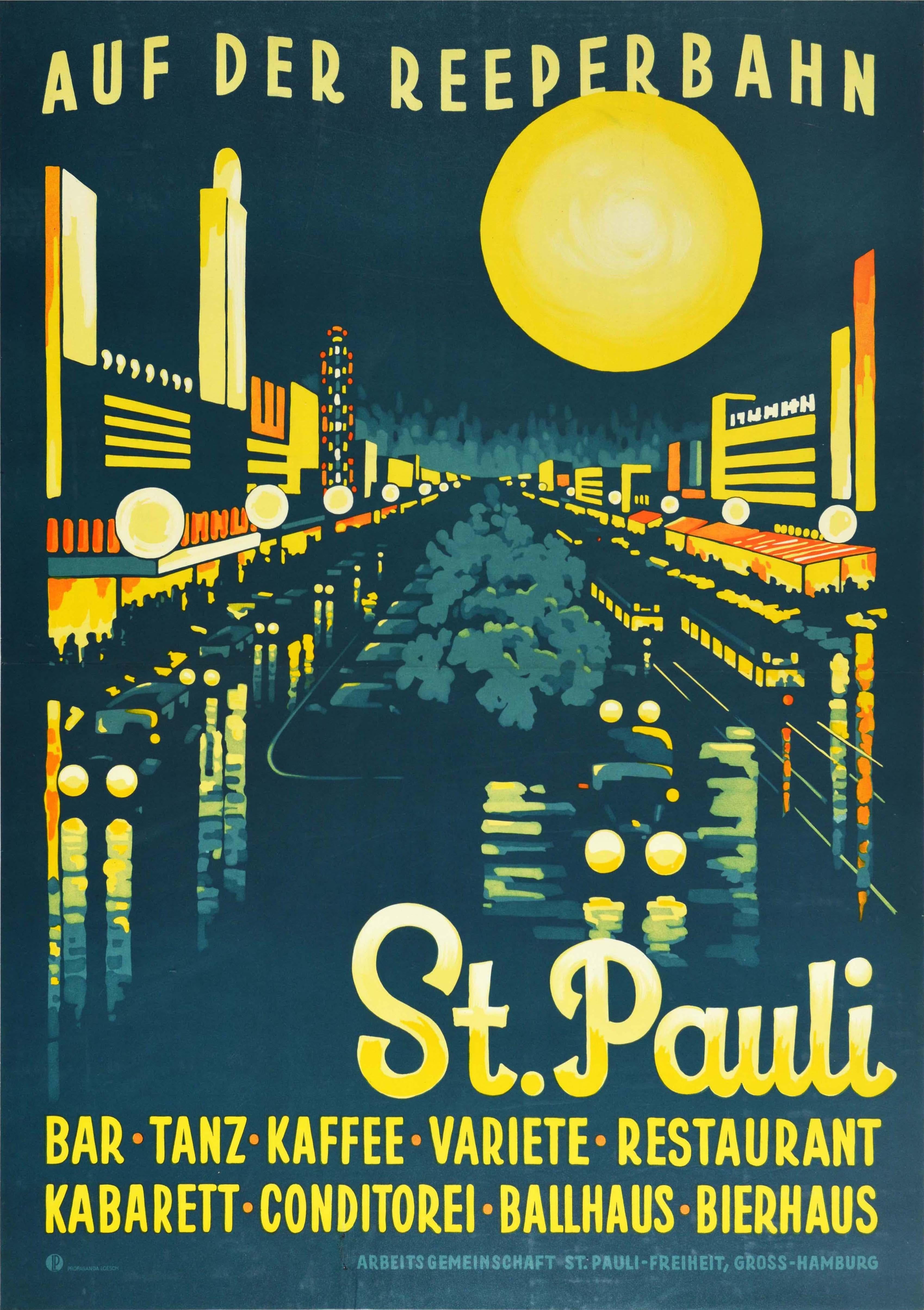 Original Vintage Travel Poster Auf Der Reeperbahn St Pauli Hamburg City Night 