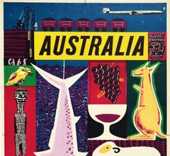 Original Vintage Travel Poster Australia Air India Plane Cricket Fishing Wine