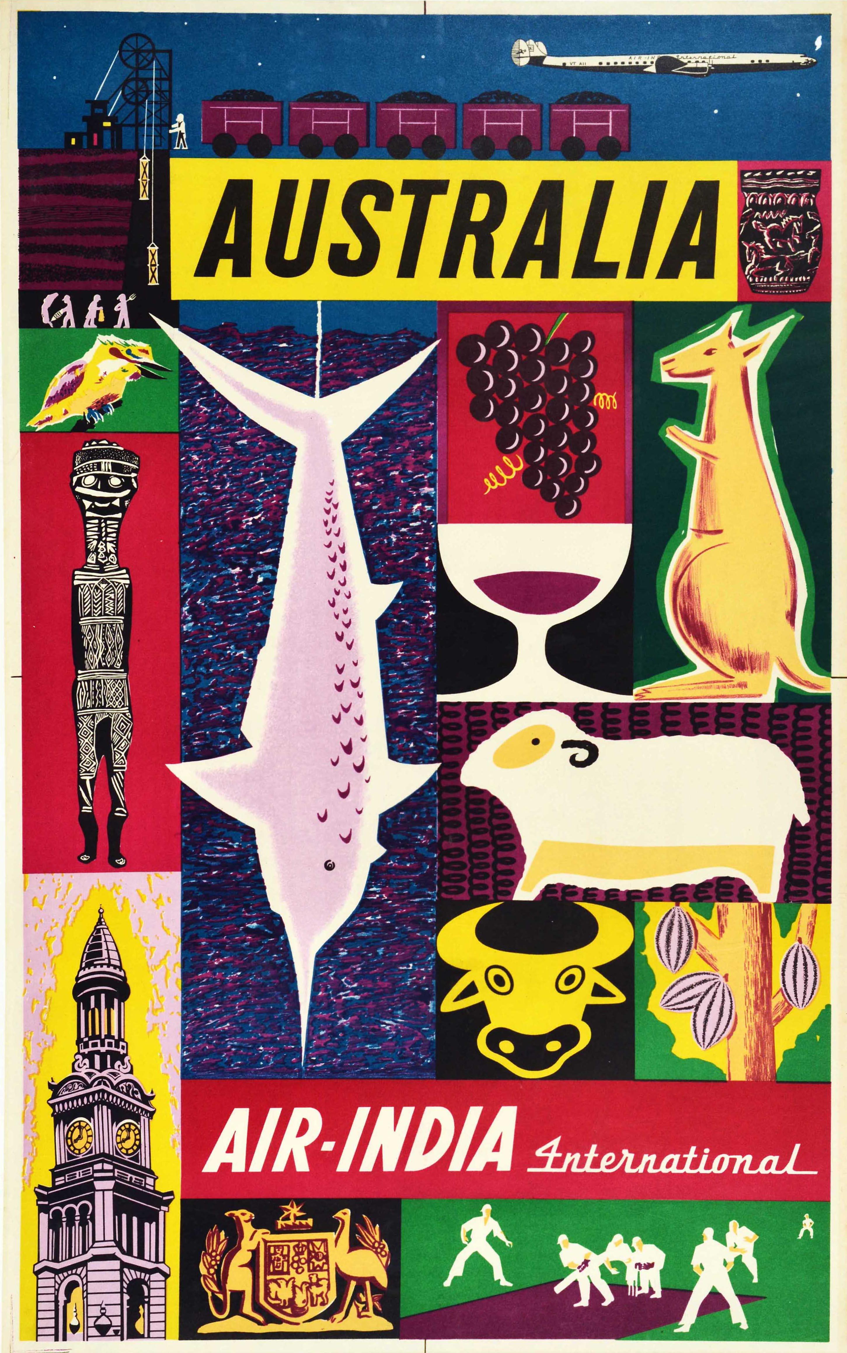 Unknown Print – Original Vintage-Reiseplakat, Australien, Air India, Flugzeug, Cricket, Fischen, Wein 