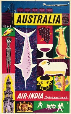 Original Vintage Travel Poster Australia Air India Plane Cricket Fishing Wine 