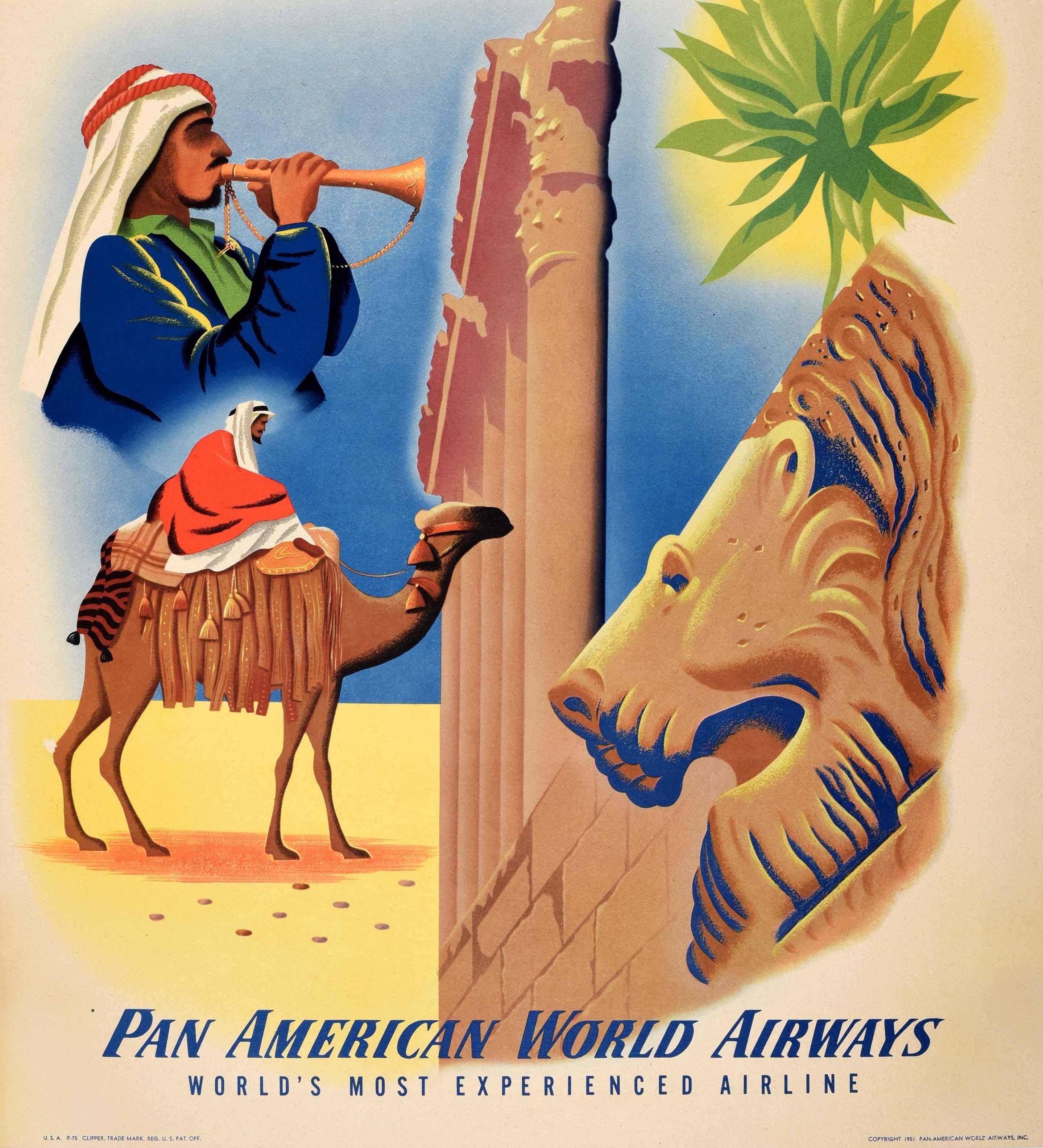 Original vintage travel poster - Gateway to the Middle East and the Holy Land Beirut Lebanon by Clipper Pan American World Airways World's Most Experienced Airline - featuring illustrations of ancient architecture pillars and wall, a stone head of a