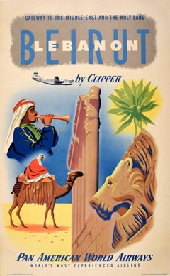 Affiche rétro originale de voyage, Beyrouth, Liban, Compagnie aérienne PanAm du Moyen-Orient