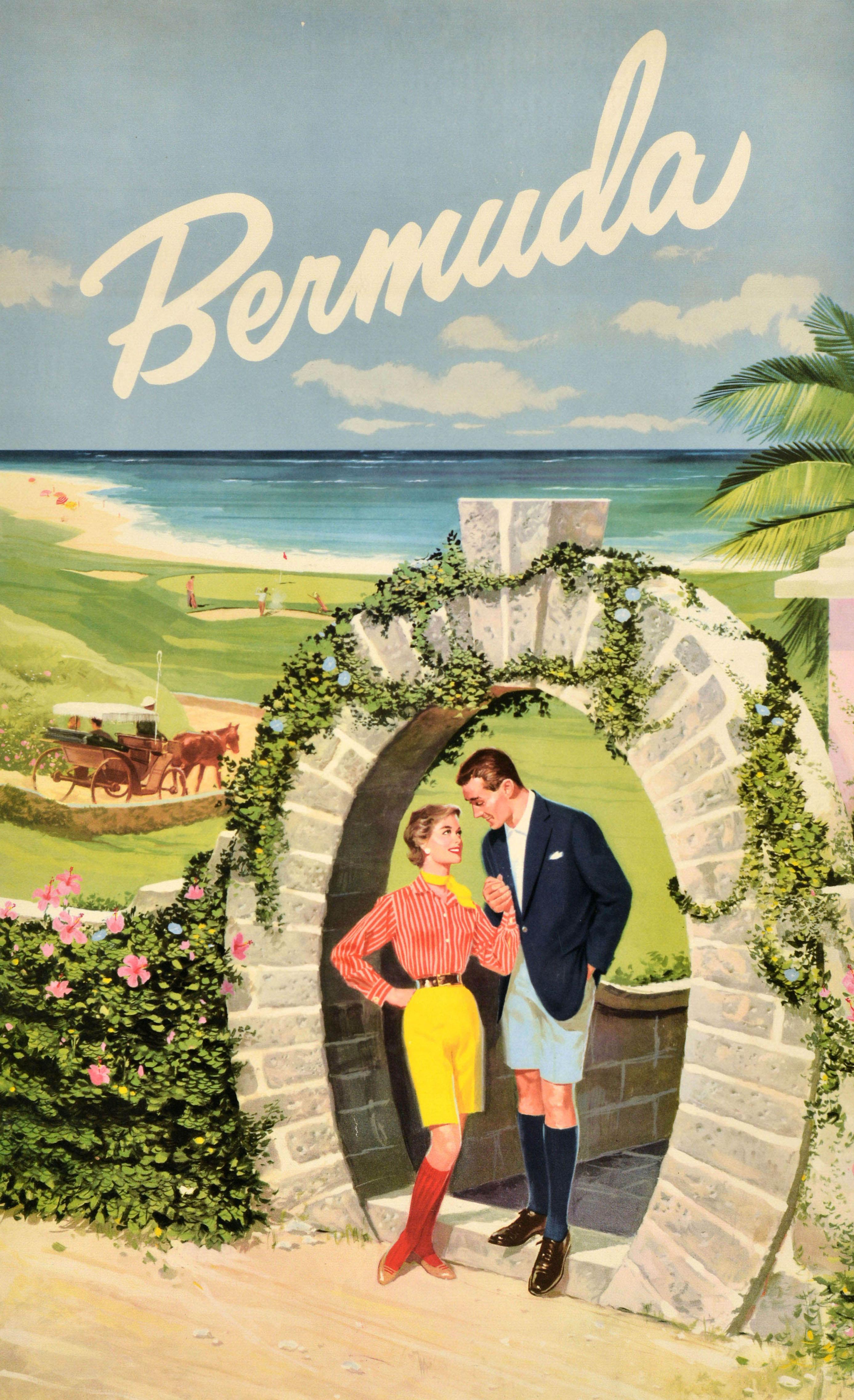 Original Vintage Travel Poster Bermuda Horseshoe Moongate Arch Beach Romance - Print by Unknown