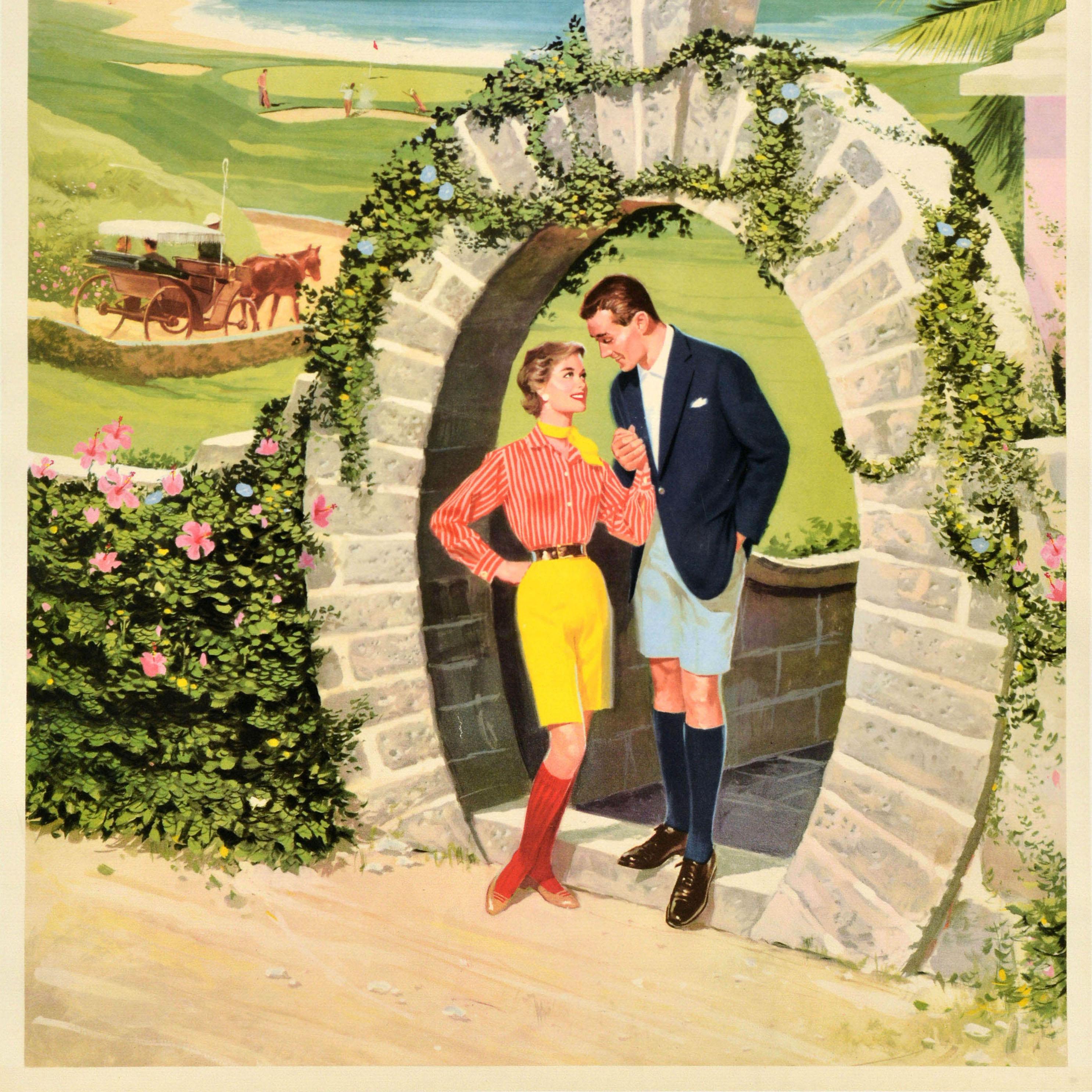 Original vintage travel poster for Bermuda featuring a romantic illustration of a smartly dressed man and lady wearing Bermuda shorts as they hold hands and look at each other under a horseshoe-shaped Moongate stone archway covered in flowers and