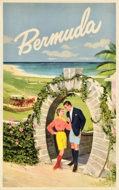 Original Vintage Travel Poster Bermuda Horseshoe Moongate Arch Beach Romance