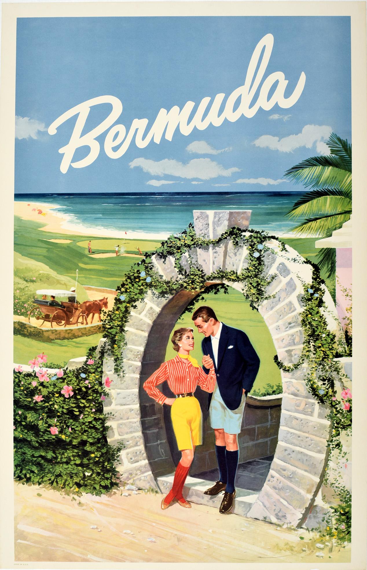 Unknown Print - Original Vintage Travel Poster Bermuda Moongate Arch Golf Beach Horse Carriage