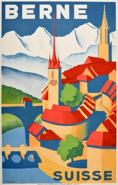 Affiche rétro originale de voyage Berne, Suisse, Art déco, Vieille ville, River Aare