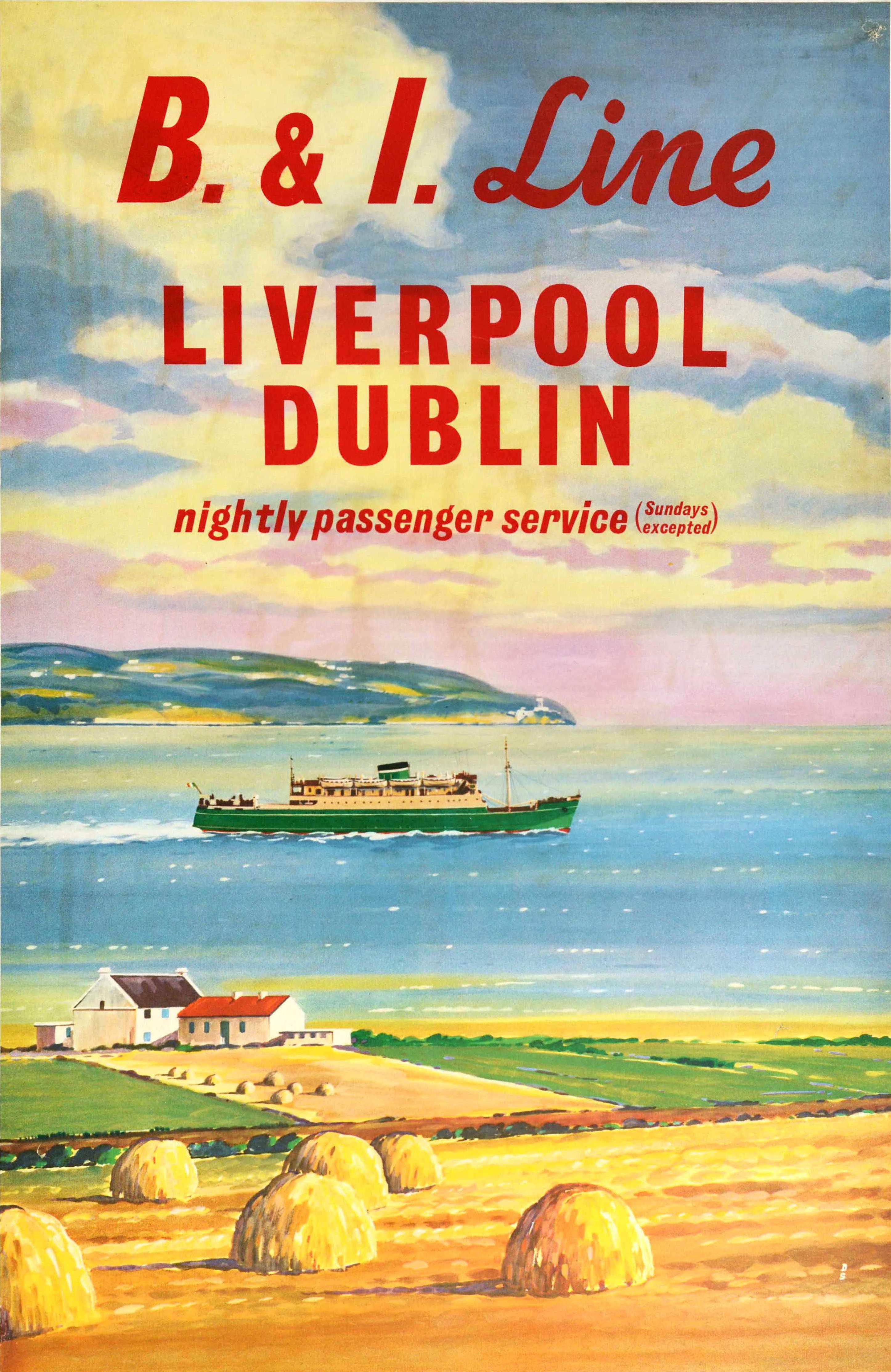 Unknown Print - Original Vintage Travel Poster B&I Line Liverpool Dublin Ferry Midcentury Design