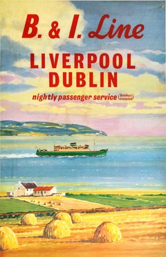 Original Vintage Travel Poster B&I Line Liverpool Dublin Ferry Midcentury Design
