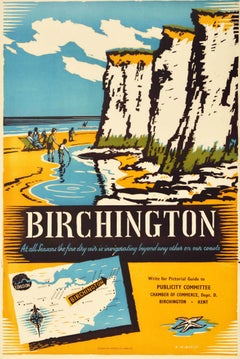 Affiche de voyage vintage originale de Birchington Kent avec motifs muraux de plage et de mer