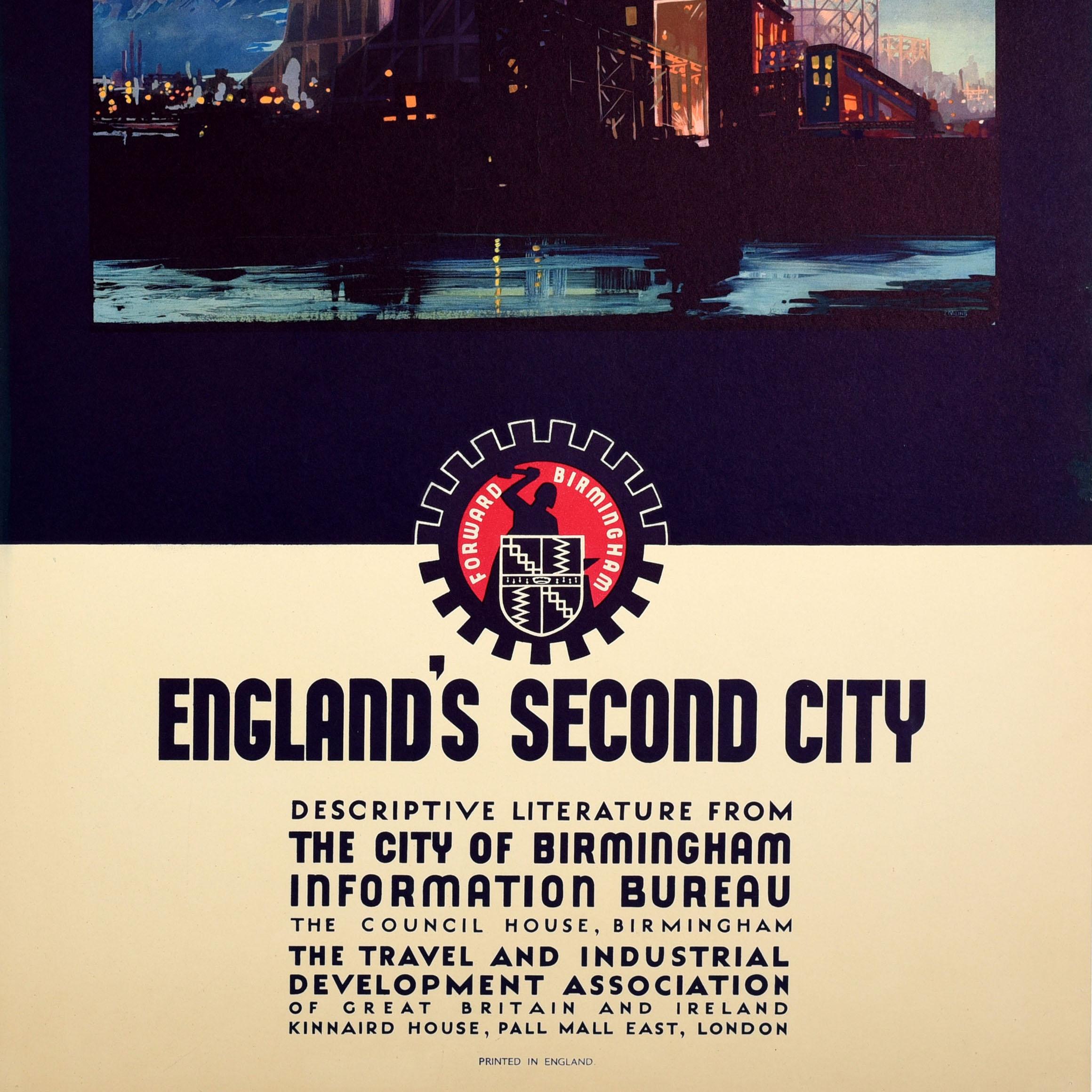 Original-Reisewerbung für Birmingham, eine englische Stadt in den West Midlands. Dynamisches Bild einer Fabrik, die sich auf dem Wasser spiegelt, mit Rauchschwaden gegen den blauen Himmel und dem Text darunter: Englands Zweite Stadt Beschreibende