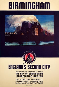 Affiche de voyage vintage d'origine Birmingham, Angleterre, deuxième ville de l'industrie Art déco