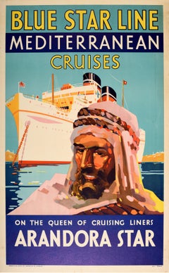 Affiche rétro originale de voyage, Blue Star Line Mediterranean Cruise, Arandora Star